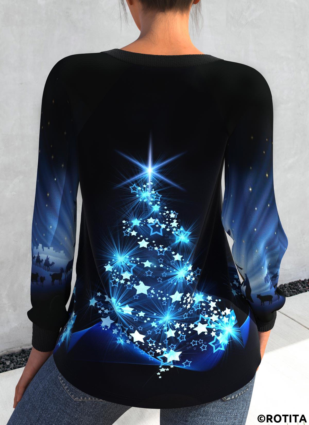 Blue tops,Sky Blue tops,Christmas tops,Ombre tops,Geometric tops,Animal Print tops,ROTITA Christmas Tree Print Black Scoop Neck Sweatshirt