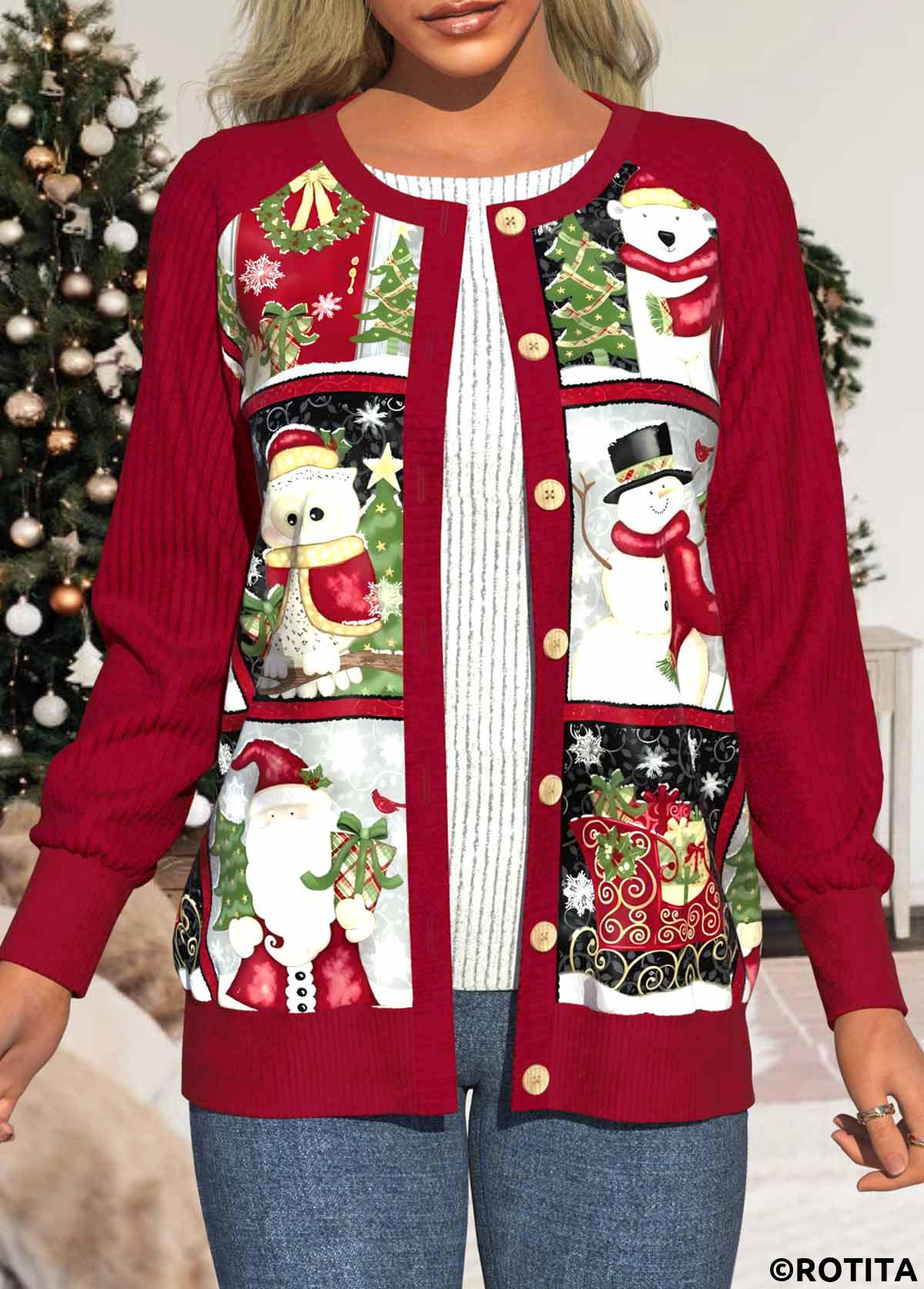 Wine Red tops,Christmas tops,Geometric tops,Striped tops,Plants tops,ROTITA Patchwork Christmas Print Wine Red Round Neck Corduroy Coat