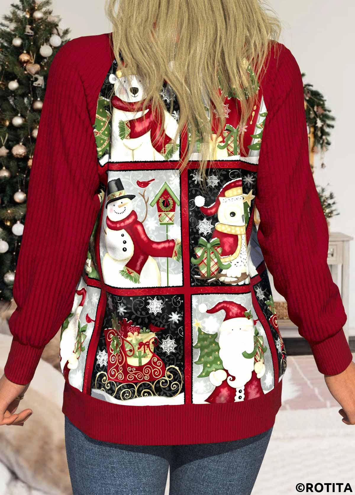 Wine Red tops,Christmas tops,Geometric tops,Striped tops,Plants tops,ROTITA Patchwork Christmas Print Wine Red Round Neck Corduroy Coat