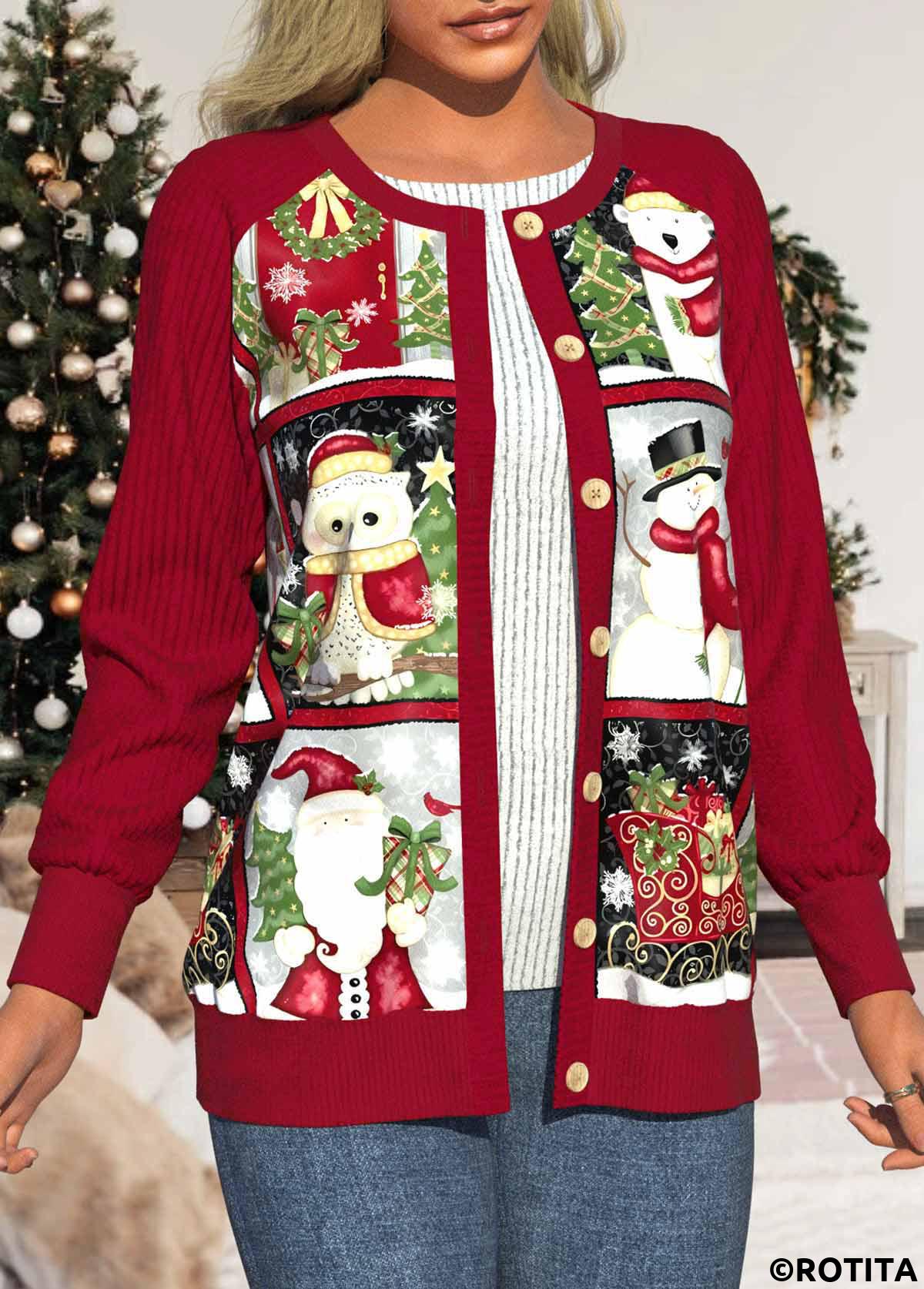 Wine Red tops,Christmas tops,Geometric tops,Striped tops,Plants tops,ROTITA Patchwork Christmas Print Wine Red Round Neck Corduroy Coat