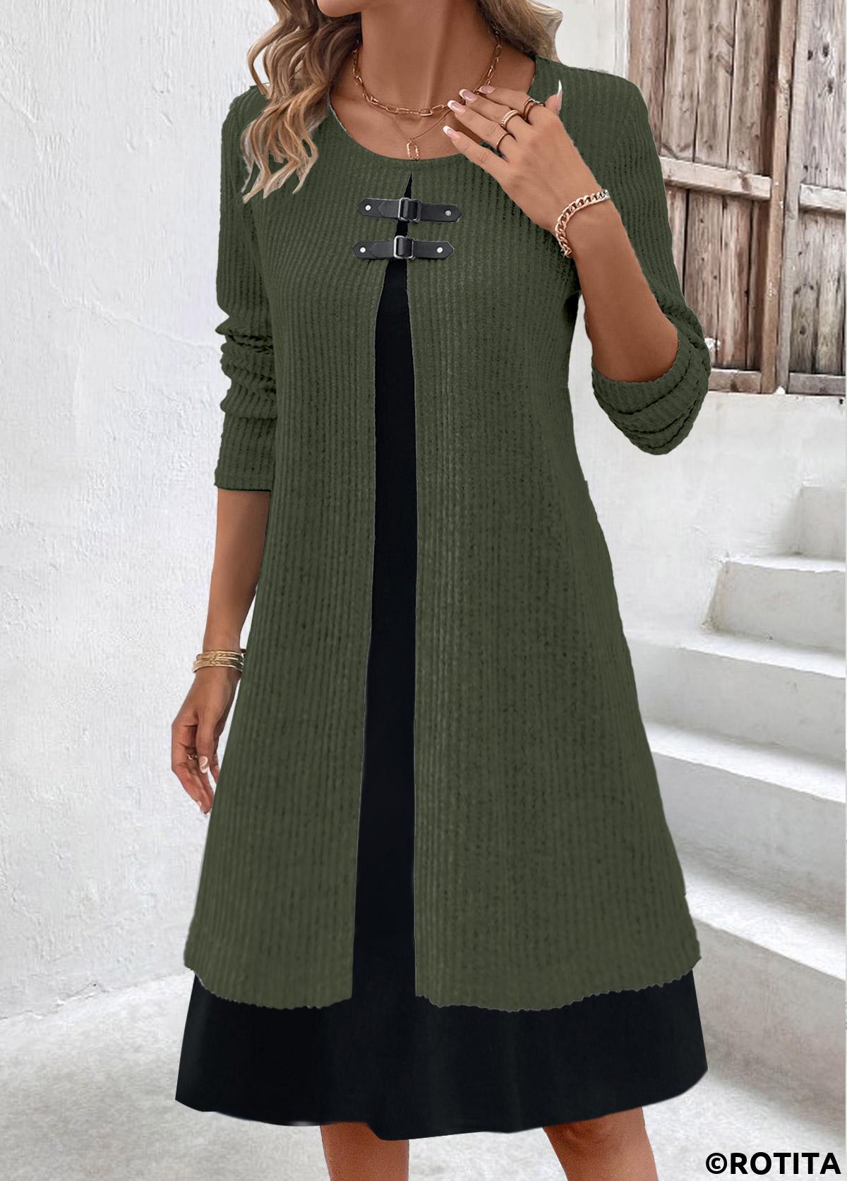 Olive Green dresses,Contrast Color dresses,Everyday dresses,Casual dresses,ROTITA Fake 2in1 Olive Green A Line Dress