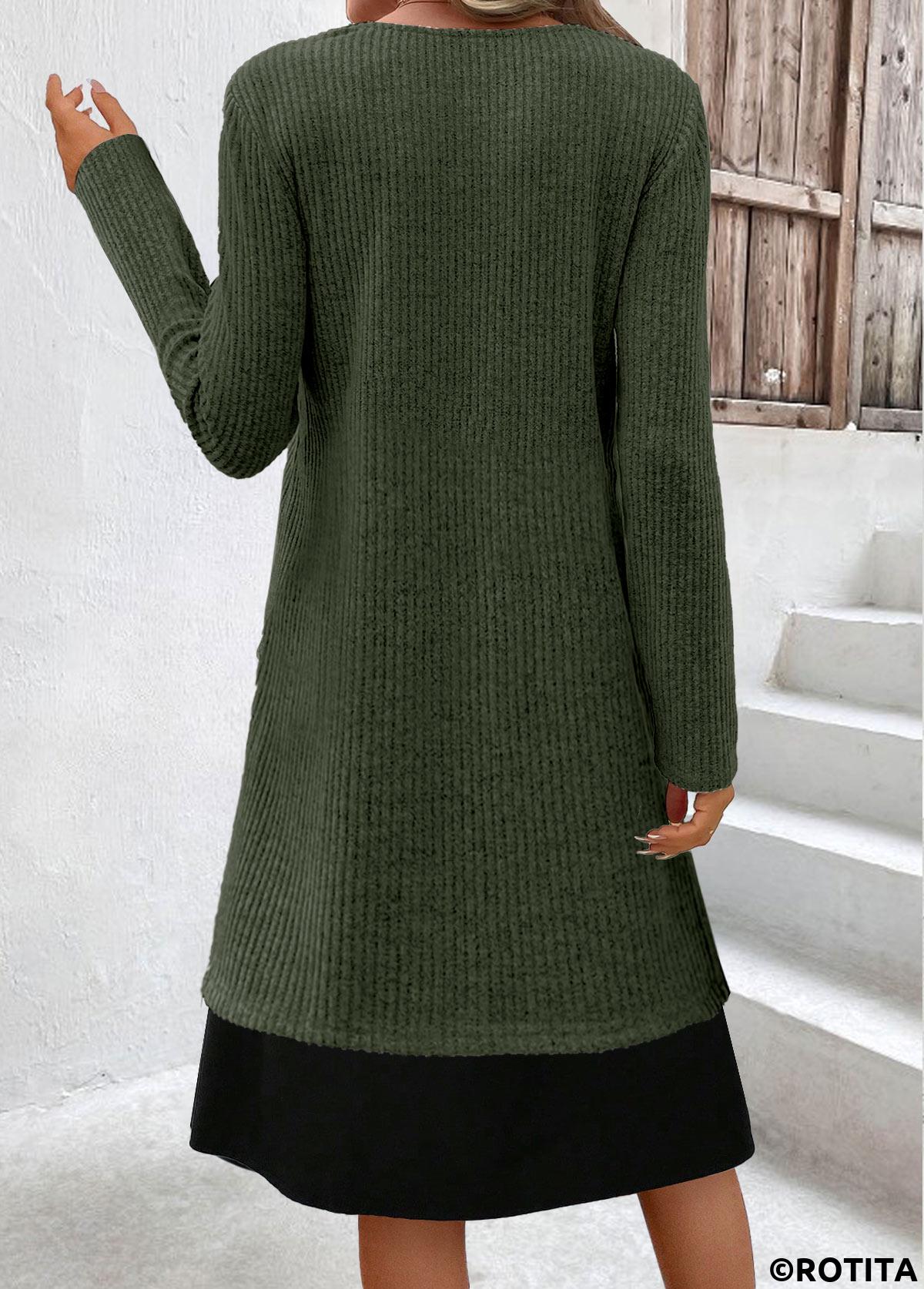 Olive Green dresses,Contrast Color dresses,Everyday dresses,Casual dresses,ROTITA Fake 2in1 Olive Green A Line Dress