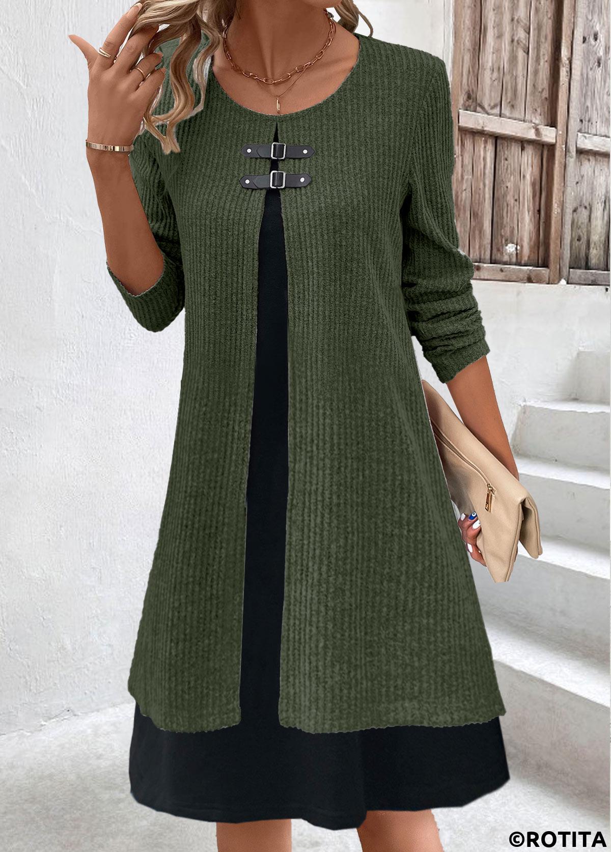 Olive Green dresses,Contrast Color dresses,Everyday dresses,Casual dresses,ROTITA Fake 2in1 Olive Green A Line Dress