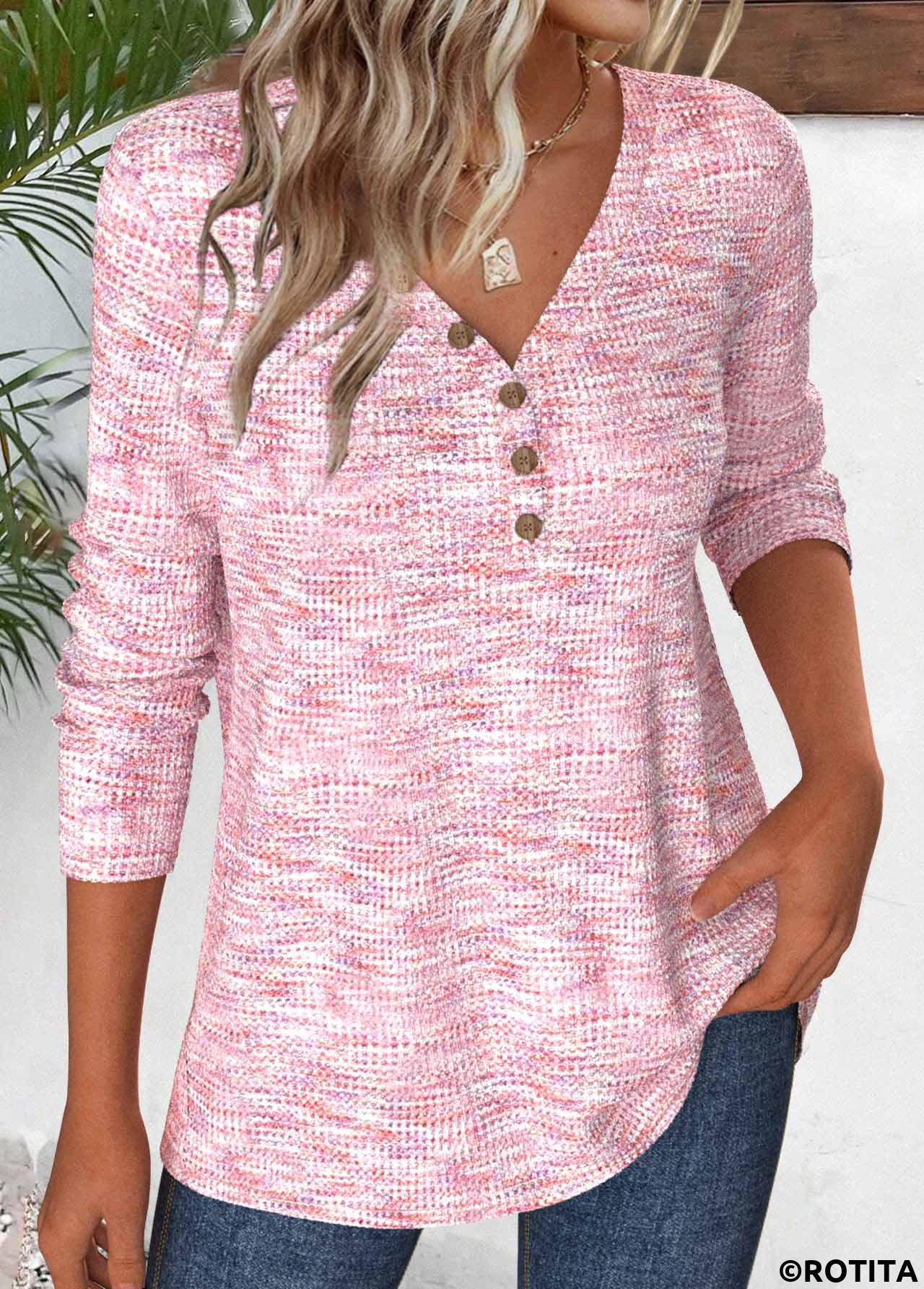 Light Pink tops,Other tops,ROTITA Button Light Pink V Neck Long Sleeve T Shirt