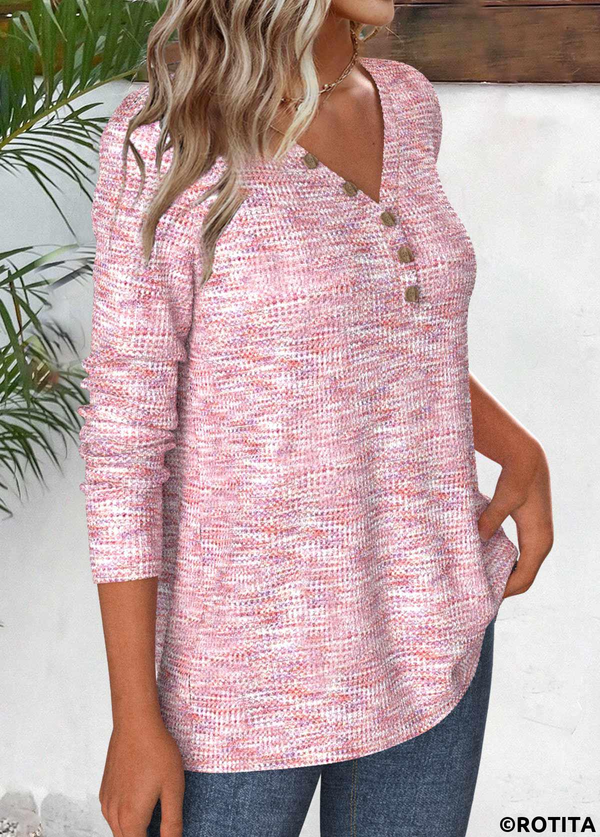 Light Pink tops,Other tops,ROTITA Button Light Pink V Neck Long Sleeve T Shirt