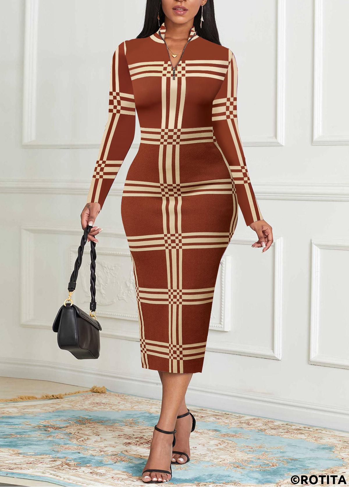 Light Coffee plus size,Dark Coffee plus size,Striped plus size,Geometric plus size,ROTITA Plus Size Zipper Light Coffee Striped Bodycon Dress