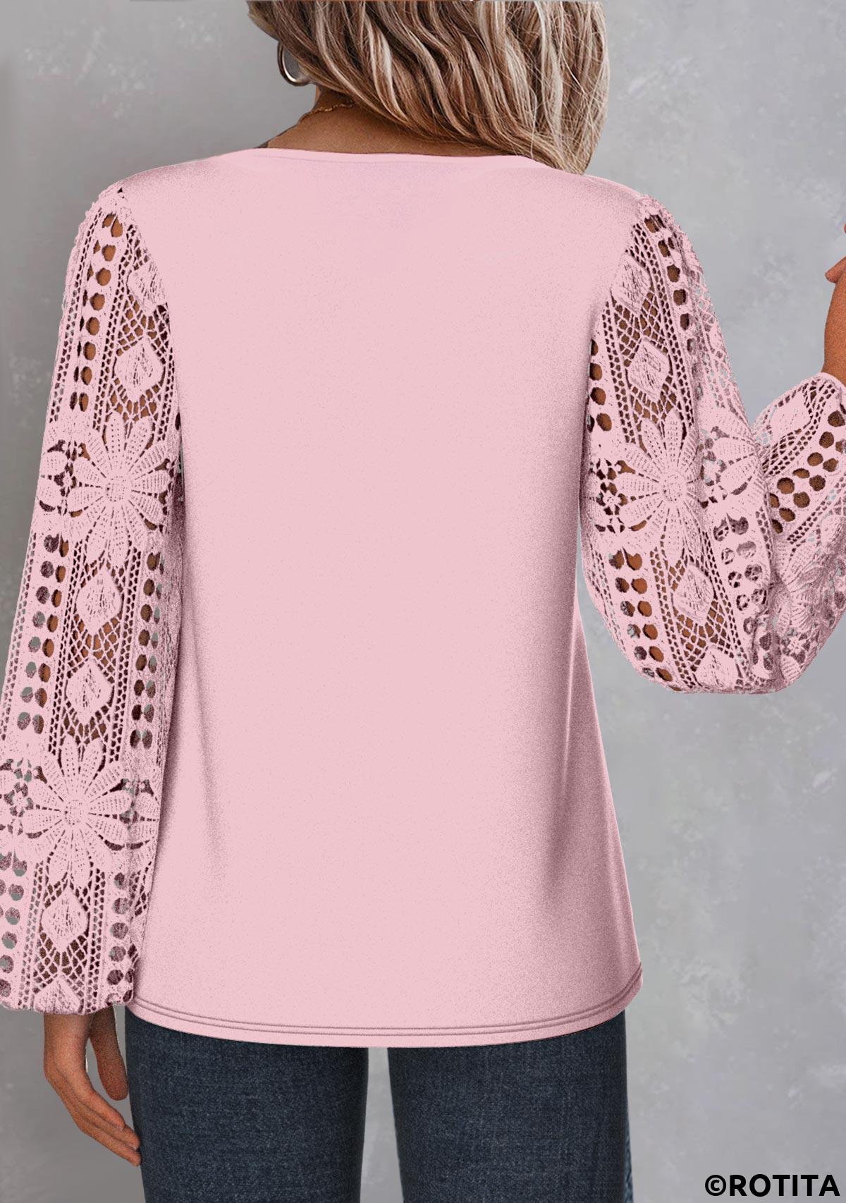 Light Pink tops,Plain Color tops,ROTITA Lace Light Pink Asymmetrical Neck Long Sleeve Blouse