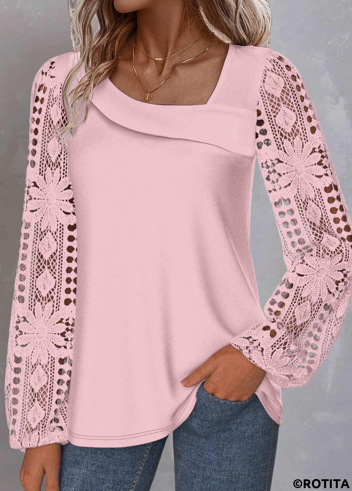 Light Pink tops,Plain Color tops,ROTITA Lace Light Pink Asymmetrical Neck Long Sleeve Blouse
