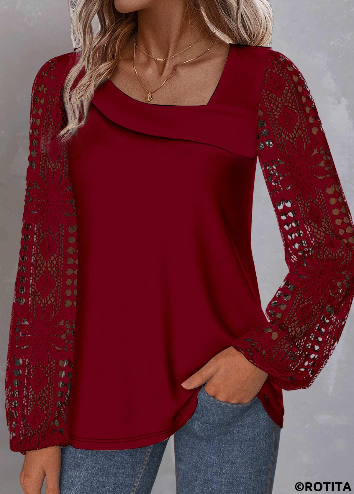 Wine Red tops,Plain Color tops,ROTITA Plus Size Lace Wine Red Asymmetrical Neck Blouse