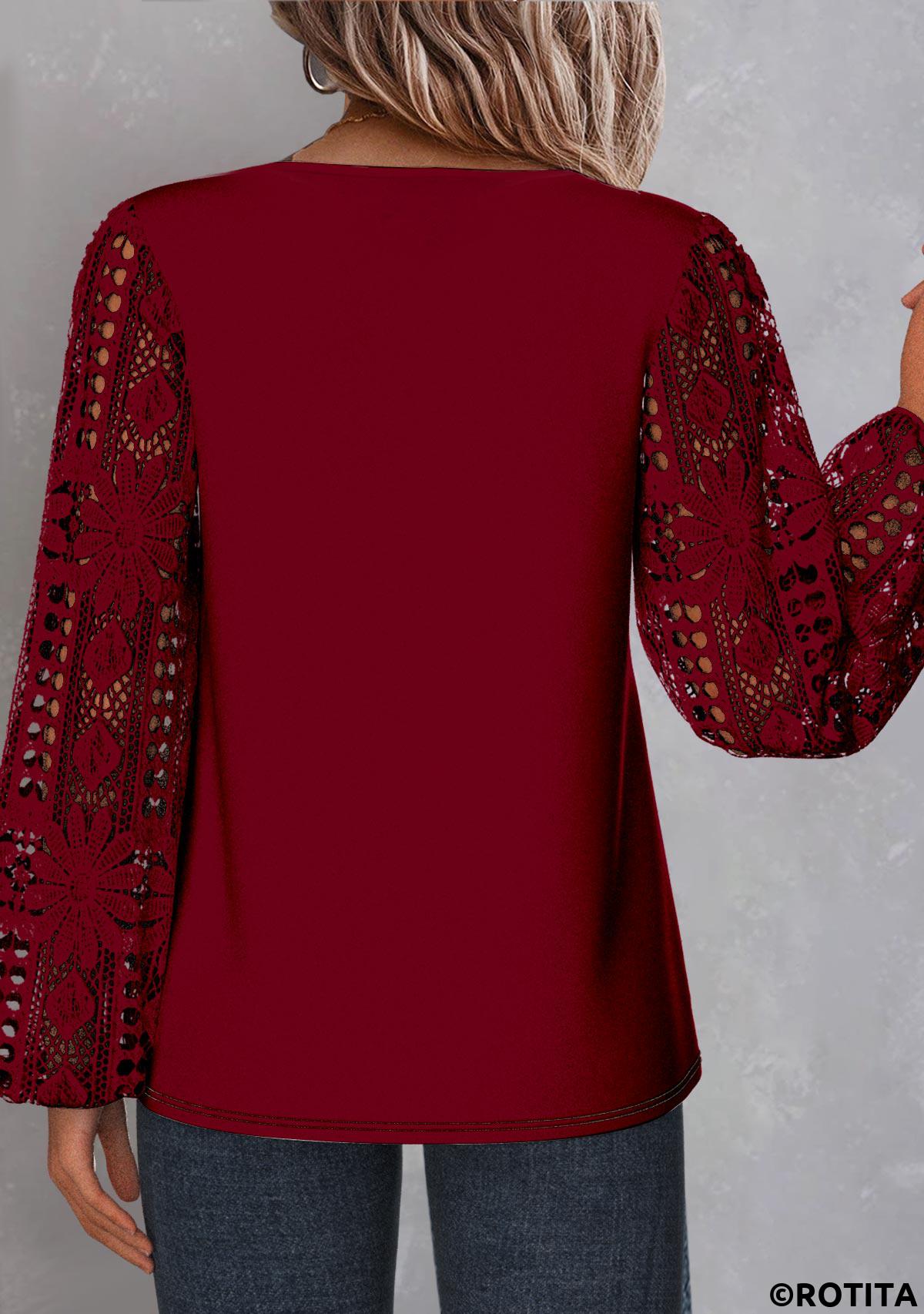 Wine Red tops,Plain Color tops,ROTITA Plus Size Lace Wine Red Asymmetrical Neck Blouse