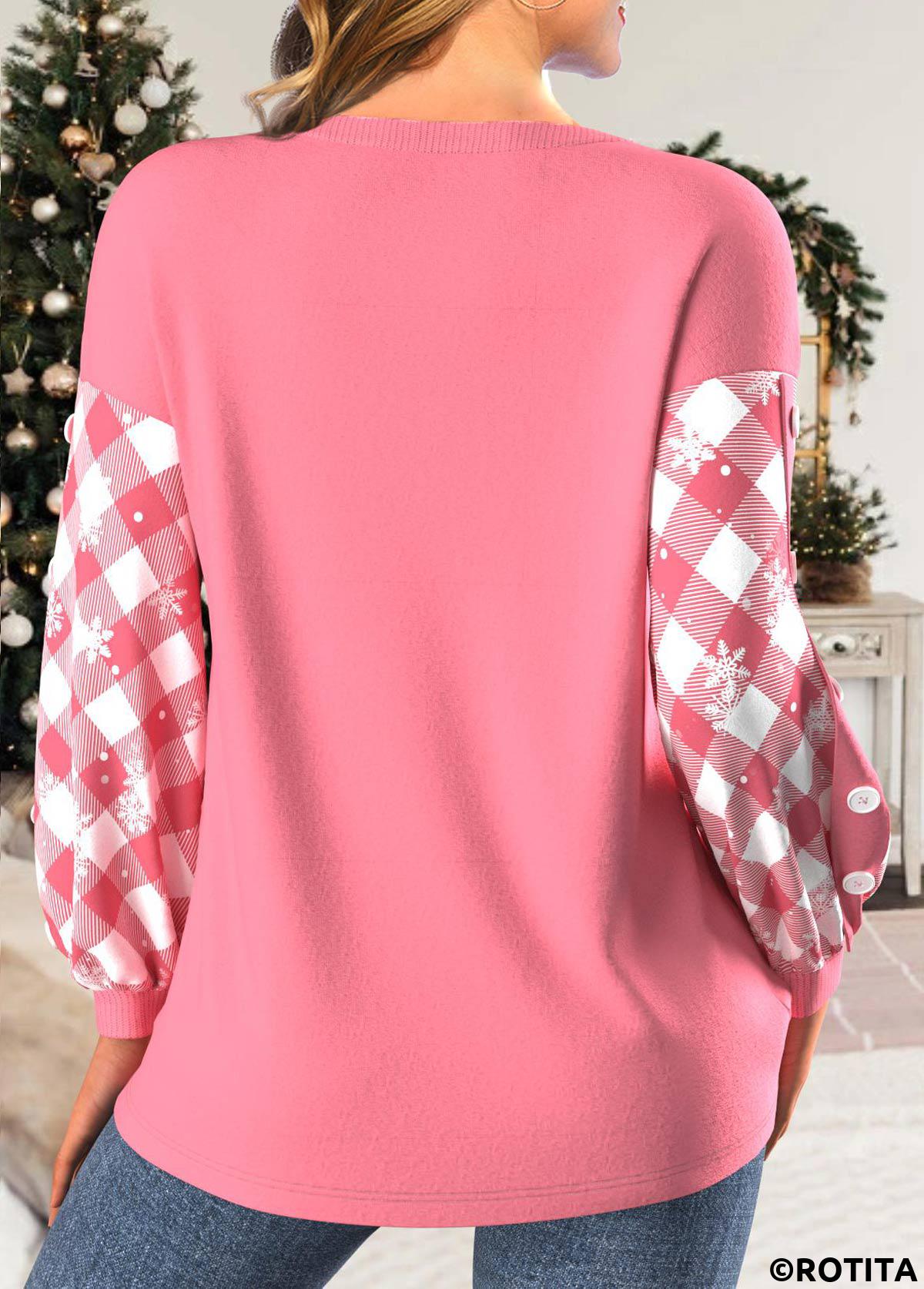 Peach Red tops,Christmas tops,ROTITA Patchwork Christmas Tree Print Light Pink Round Neck Sweatshirt