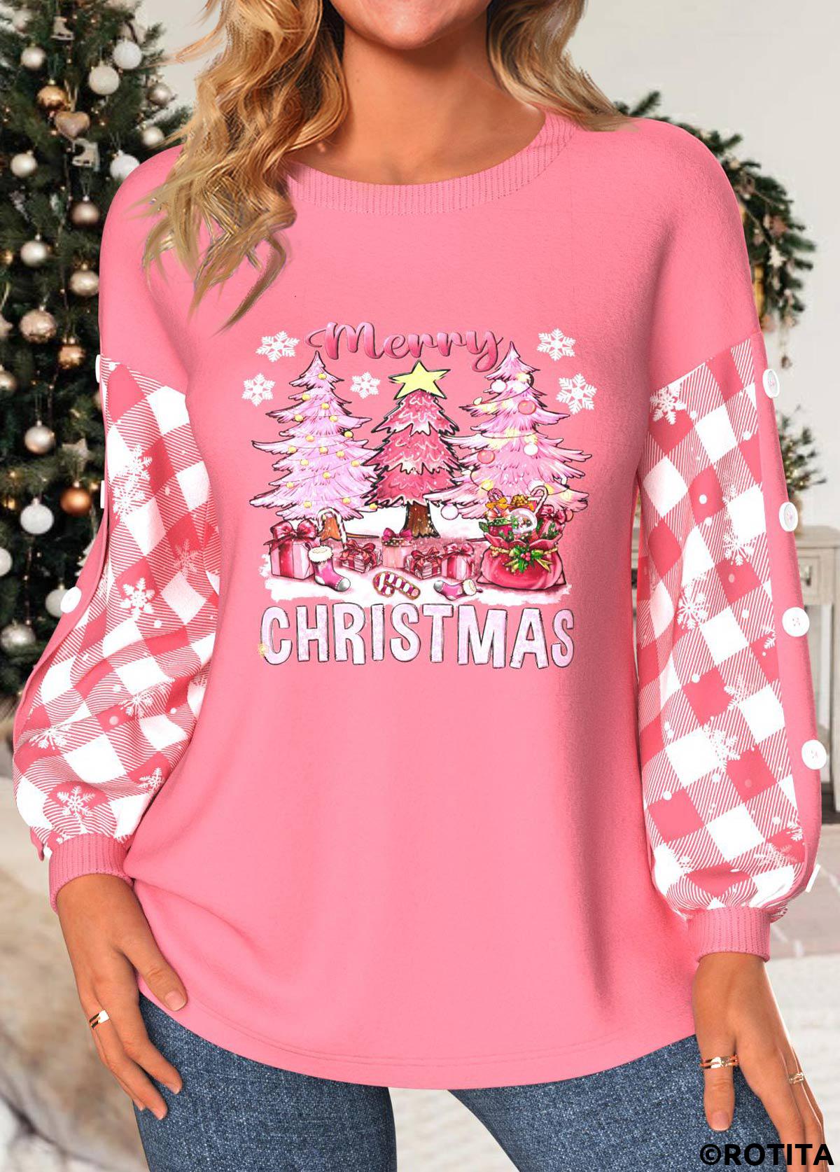 Peach Red tops,Christmas tops,ROTITA Patchwork Christmas Tree Print Light Pink Round Neck Sweatshirt