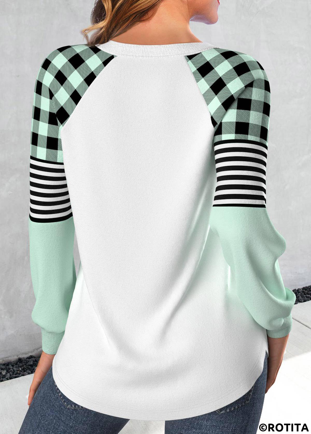 Mint Green tops,White tops,Christmas tops,Striped tops,Geometric tops,Plaid tops,ROTITA Patchwork Snowman Print Mint Green Christmas Sweatshirt