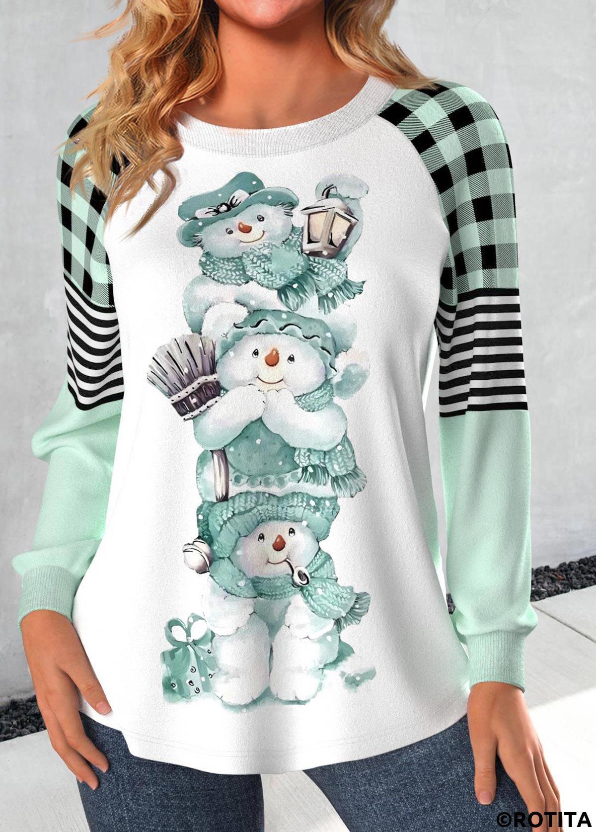 Mint Green tops,White tops,Christmas tops,Striped tops,Geometric tops,Plaid tops,ROTITA Patchwork Snowman Print Mint Green Christmas Sweatshirt
