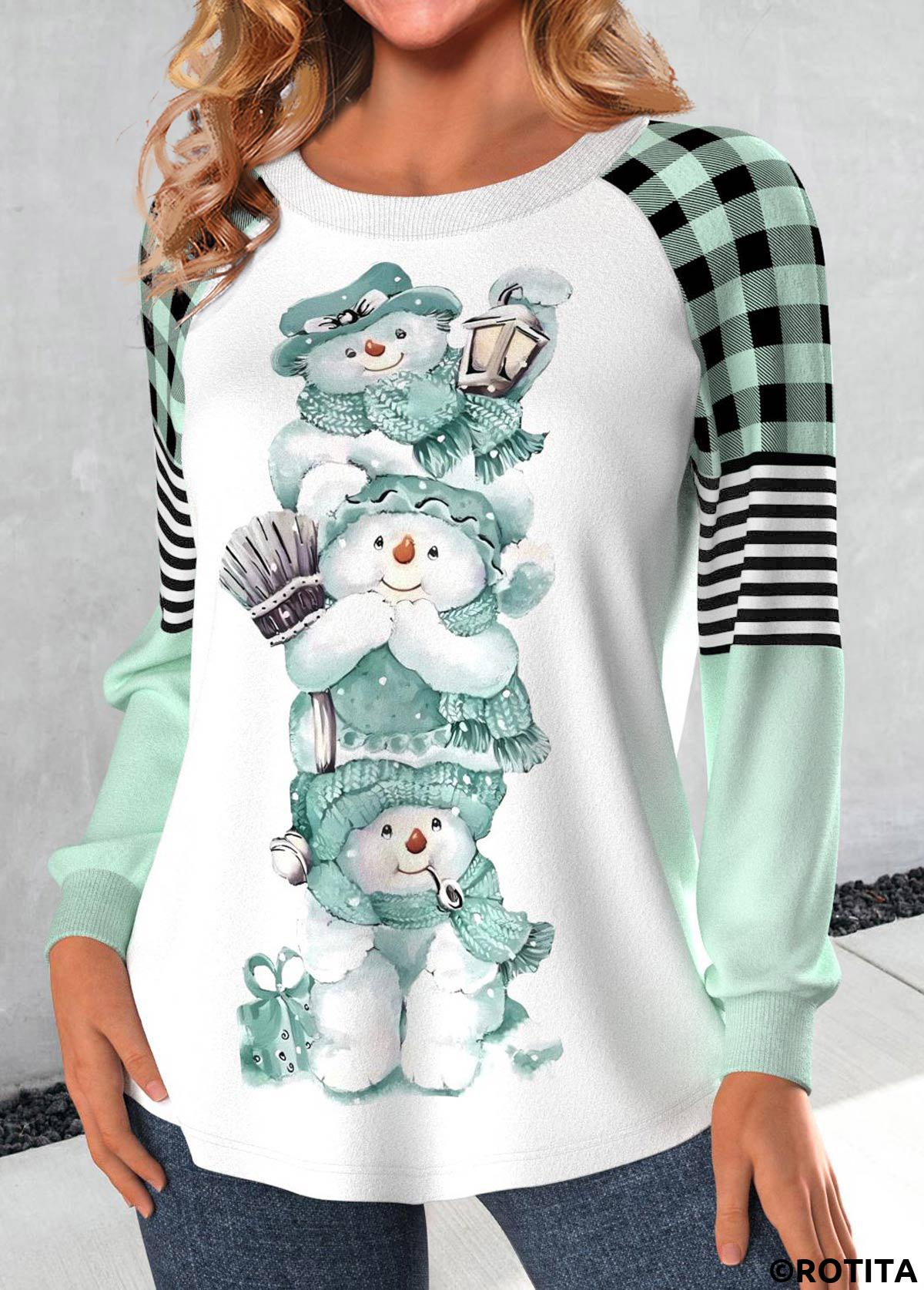 Mint Green tops,White tops,Christmas tops,Striped tops,Geometric tops,Plaid tops,ROTITA Patchwork Snowman Print Mint Green Christmas Sweatshirt