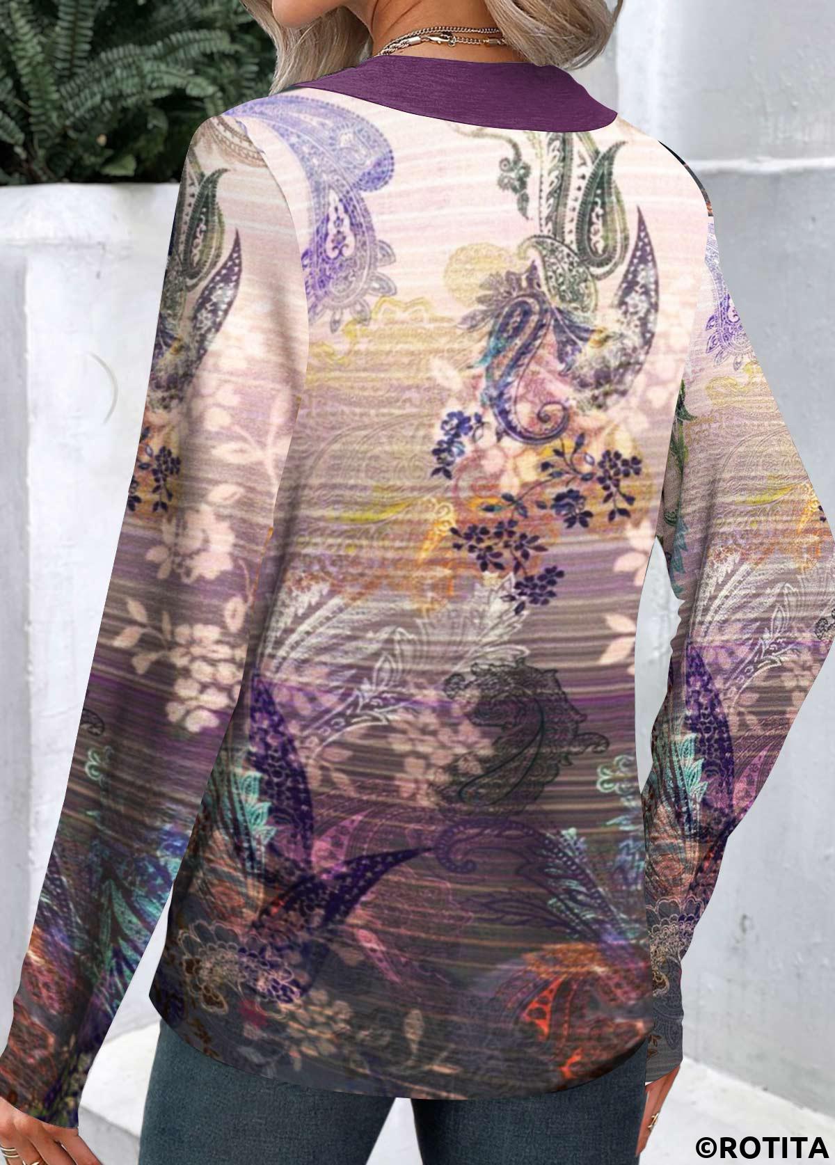 T-Shirt mit Rotita-Knopf und Paisley-Print in dunkelrotem Lila