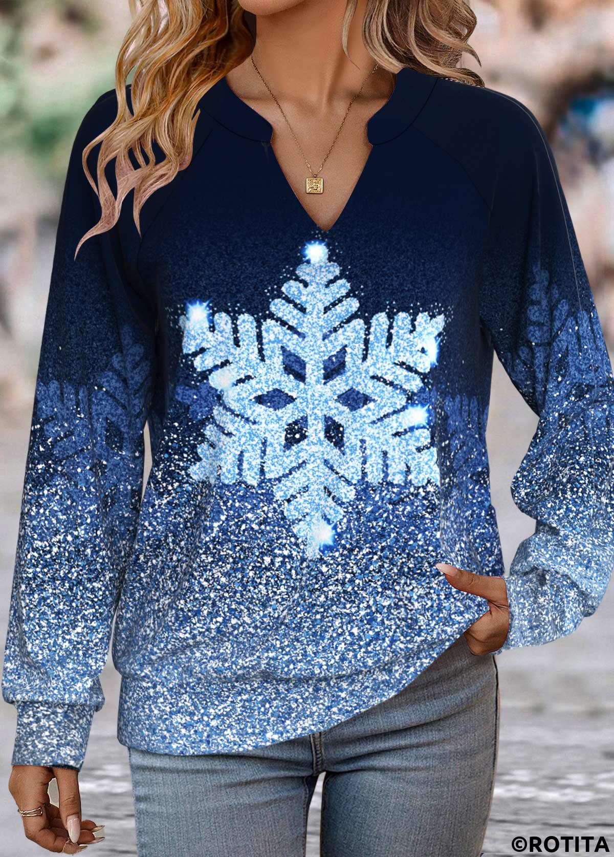 Blue tops,Christmas tops,ROTITA Patchwork Snowflake Print Blue Split Neck Long Sleeve Sweatshirt