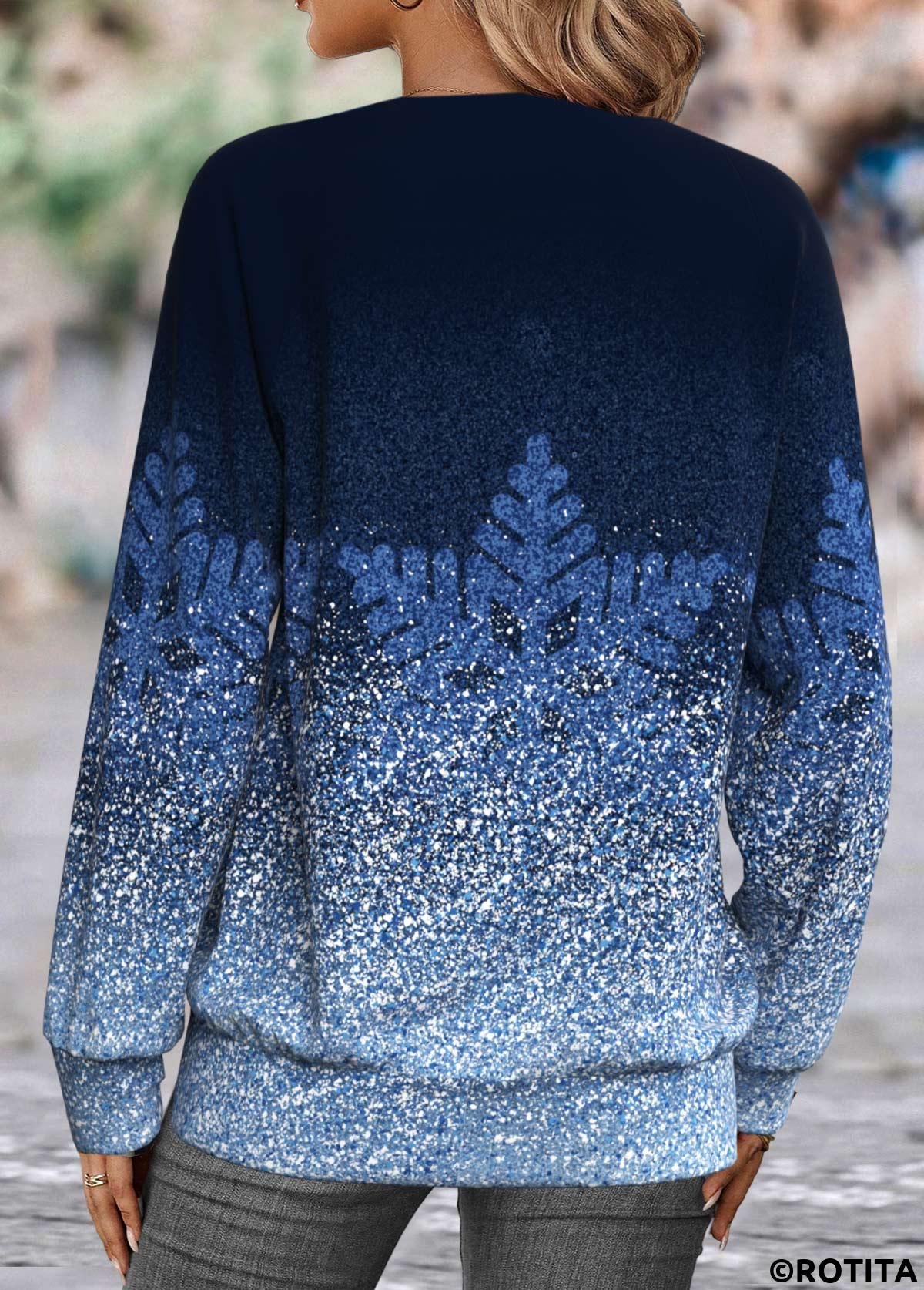 Blue tops,Christmas tops,ROTITA Patchwork Snowflake Print Blue Split Neck Long Sleeve Sweatshirt