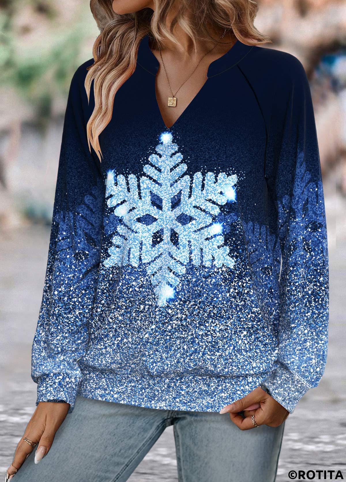 Blue tops,Christmas tops,ROTITA Patchwork Snowflake Print Blue Split Neck Long Sleeve Sweatshirt