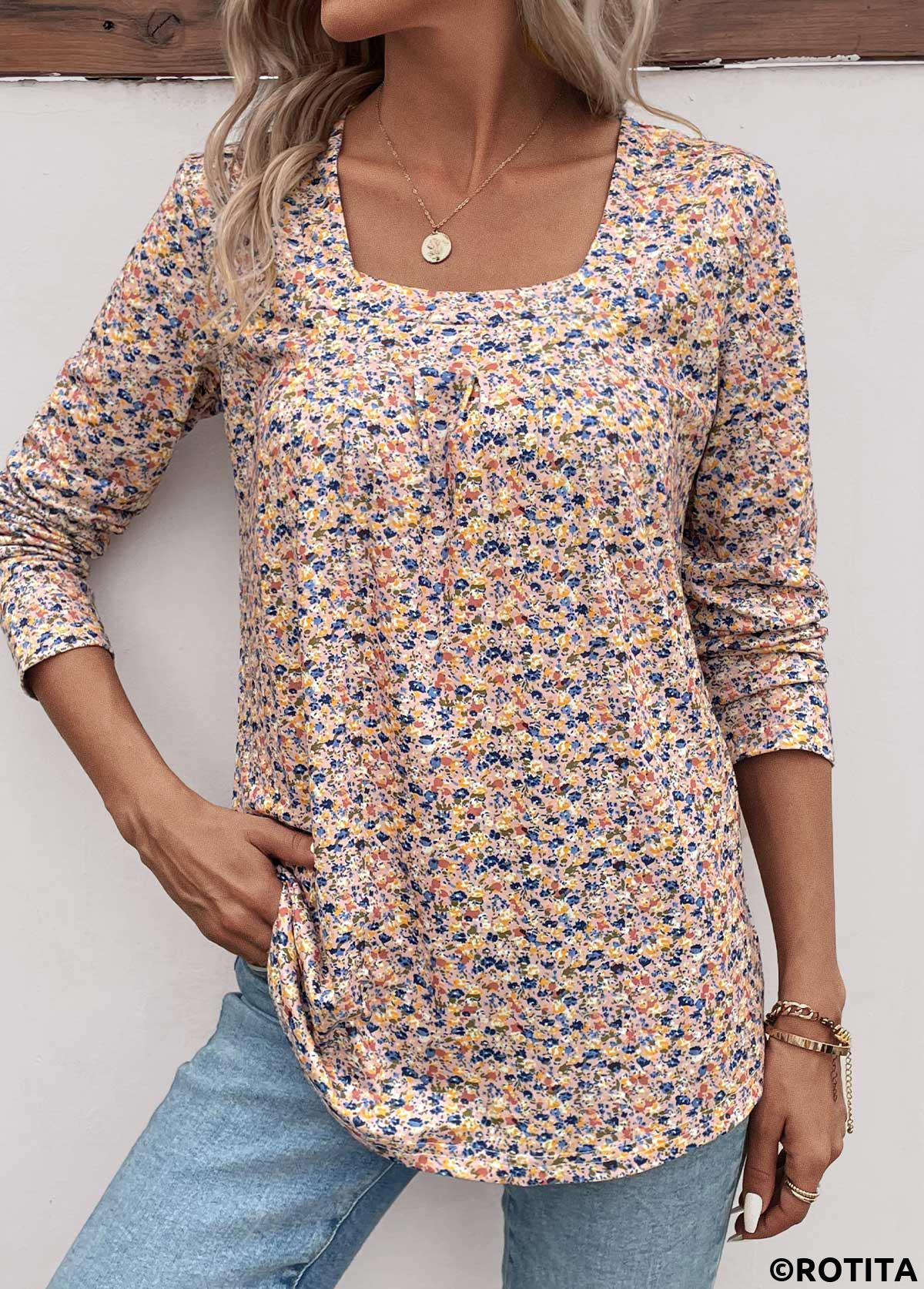 ROTITA Ruched Ditsy Floral Print Yellow Square Neck T Shirt