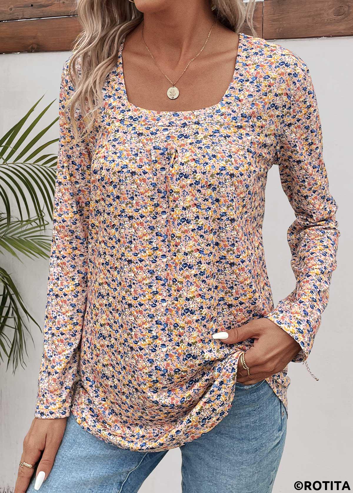 ROTITA Ruched Ditsy Floral Print Yellow Square Neck T Shirt