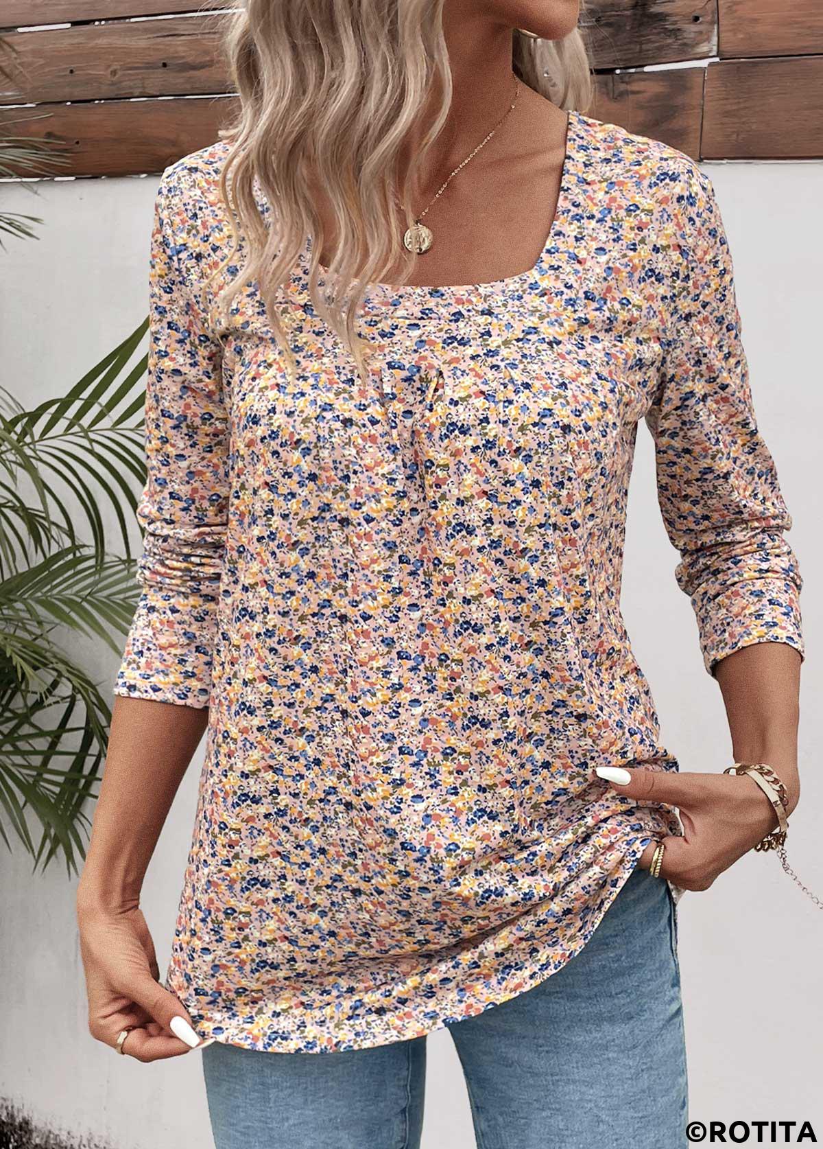 ROTITA Ruched Ditsy Floral Print Yellow Square Neck T Shirt