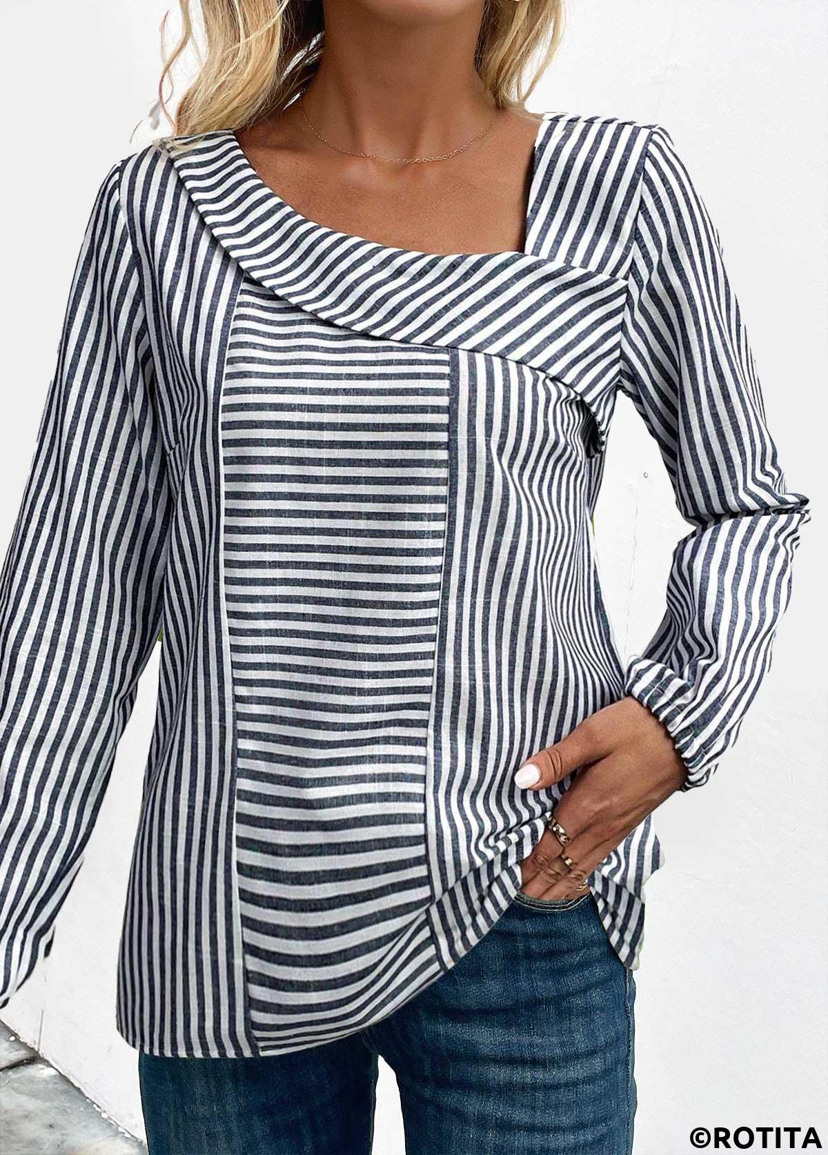 Navy tops,White tops,Striped tops,Geometric tops,ROTITA Asymmetry Striped Navy Asymmetrical Neck Long Sleeve Blouse