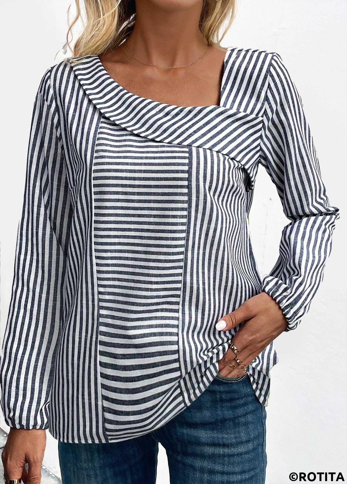 Navy tops,White tops,Striped tops,Geometric tops,ROTITA Asymmetry Striped Navy Asymmetrical Neck Long Sleeve Blouse