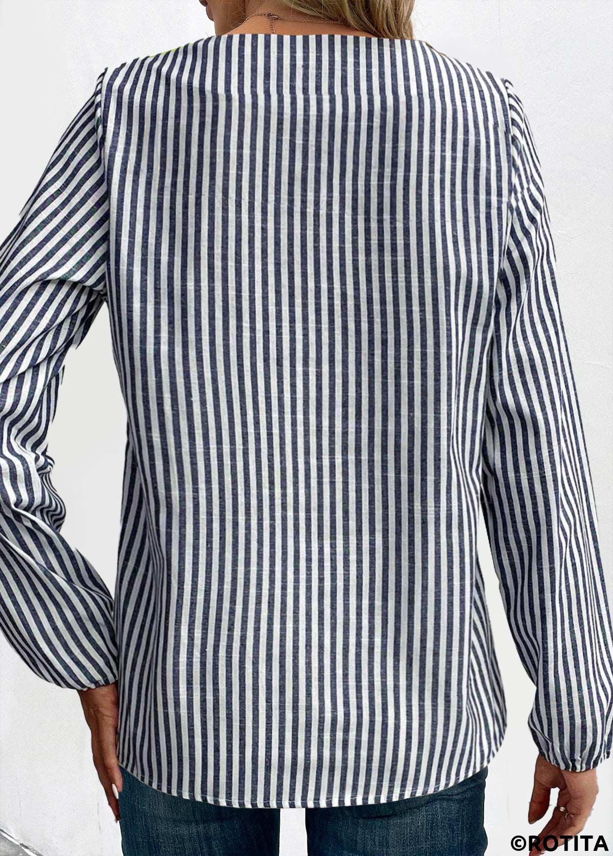 Navy tops,White tops,Striped tops,Geometric tops,ROTITA Asymmetry Striped Navy Asymmetrical Neck Long Sleeve Blouse