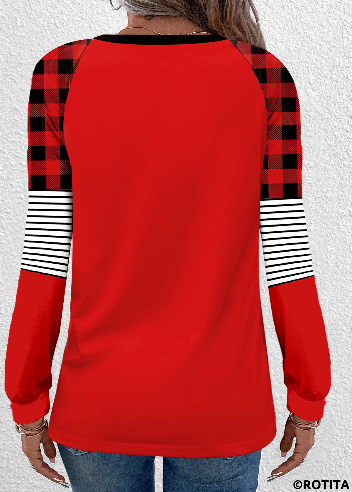 Weinrotes Rundhals-T-Shirt mit Rotita-Knopf-Weihnachtsdruck