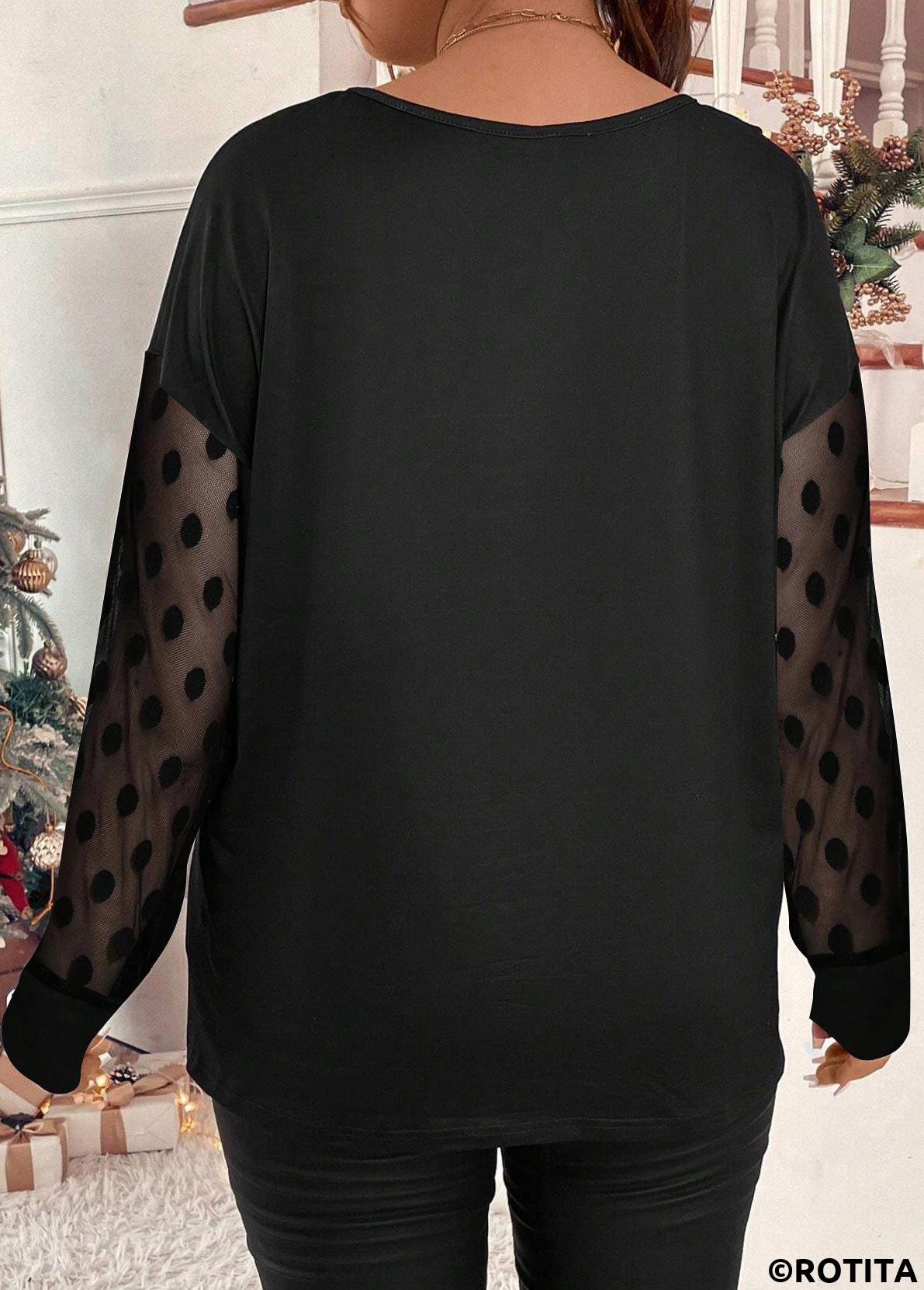 Black plus size,Christmas plus size,Dot plus size,ROTITA Plus Size Mesh Black Christmas Print T Shirt