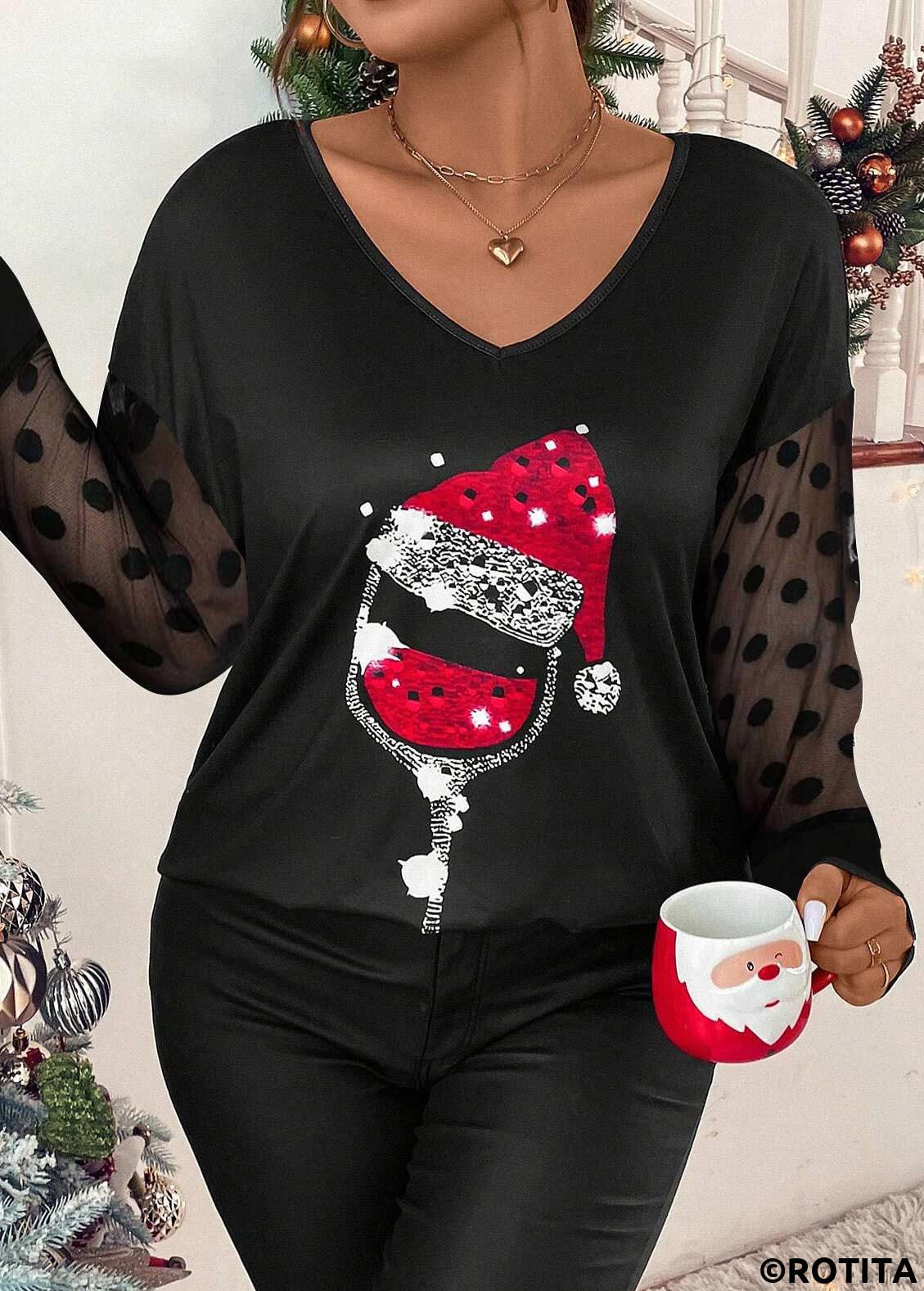 Black plus size,Christmas plus size,Dot plus size,ROTITA Plus Size Mesh Black Christmas Print T Shirt