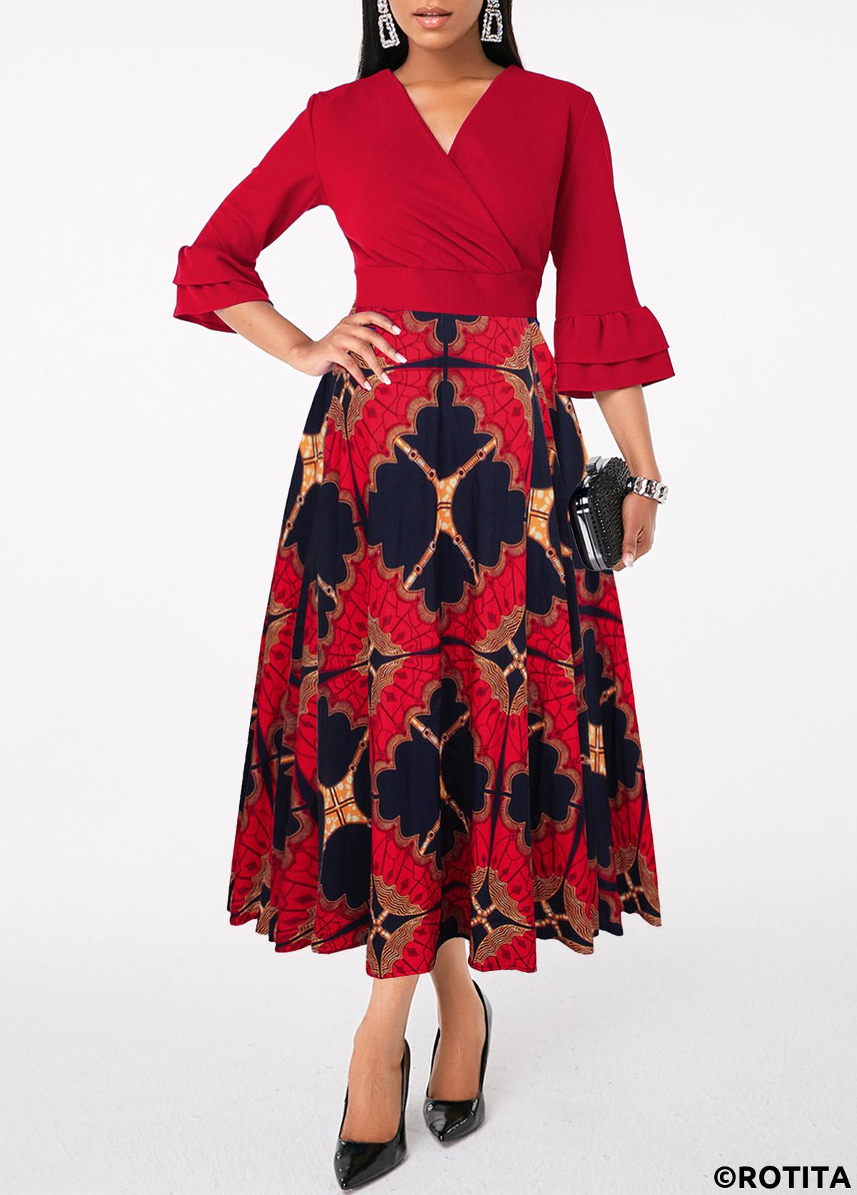 Wine Red dresses,Tribal dresses,Party dresses,Elegant dresses,ROTITA Patchwork Tribal Print Wine Red Cross Collar Dress
