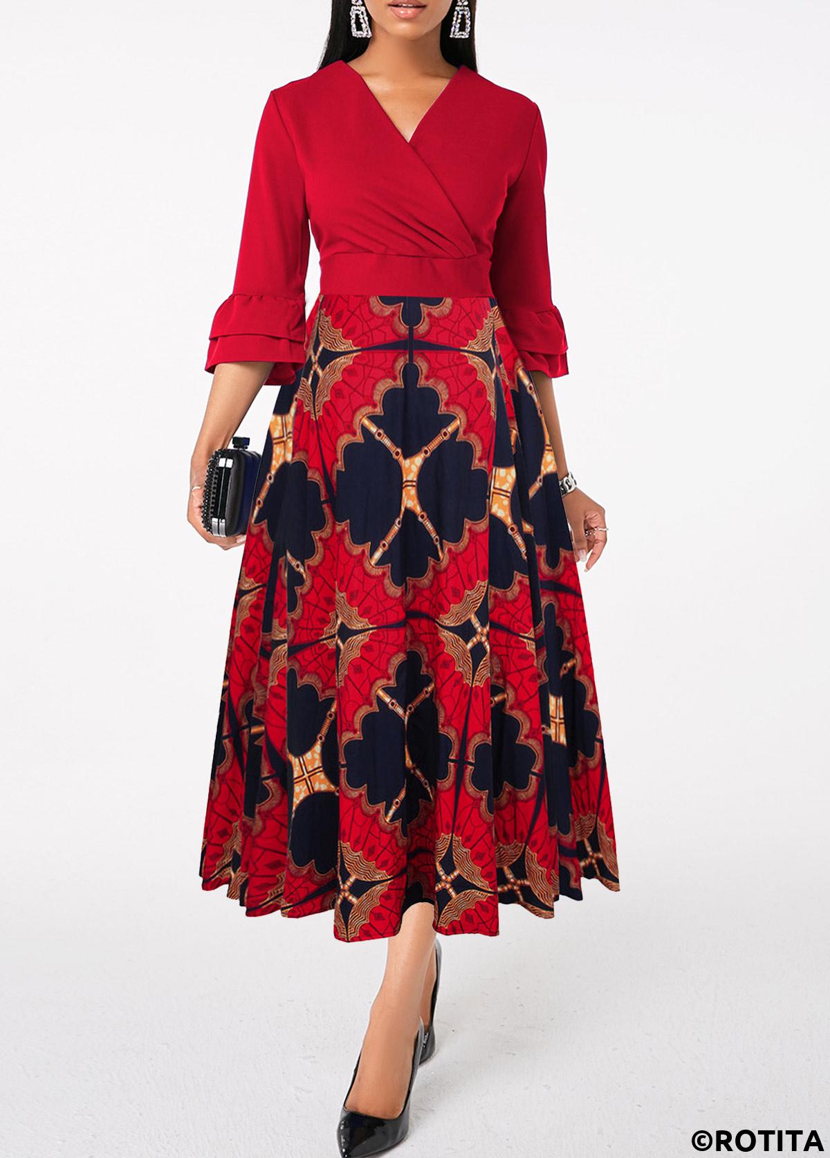 Wine Red dresses,Tribal dresses,Party dresses,Elegant dresses,ROTITA Patchwork Tribal Print Wine Red Cross Collar Dress