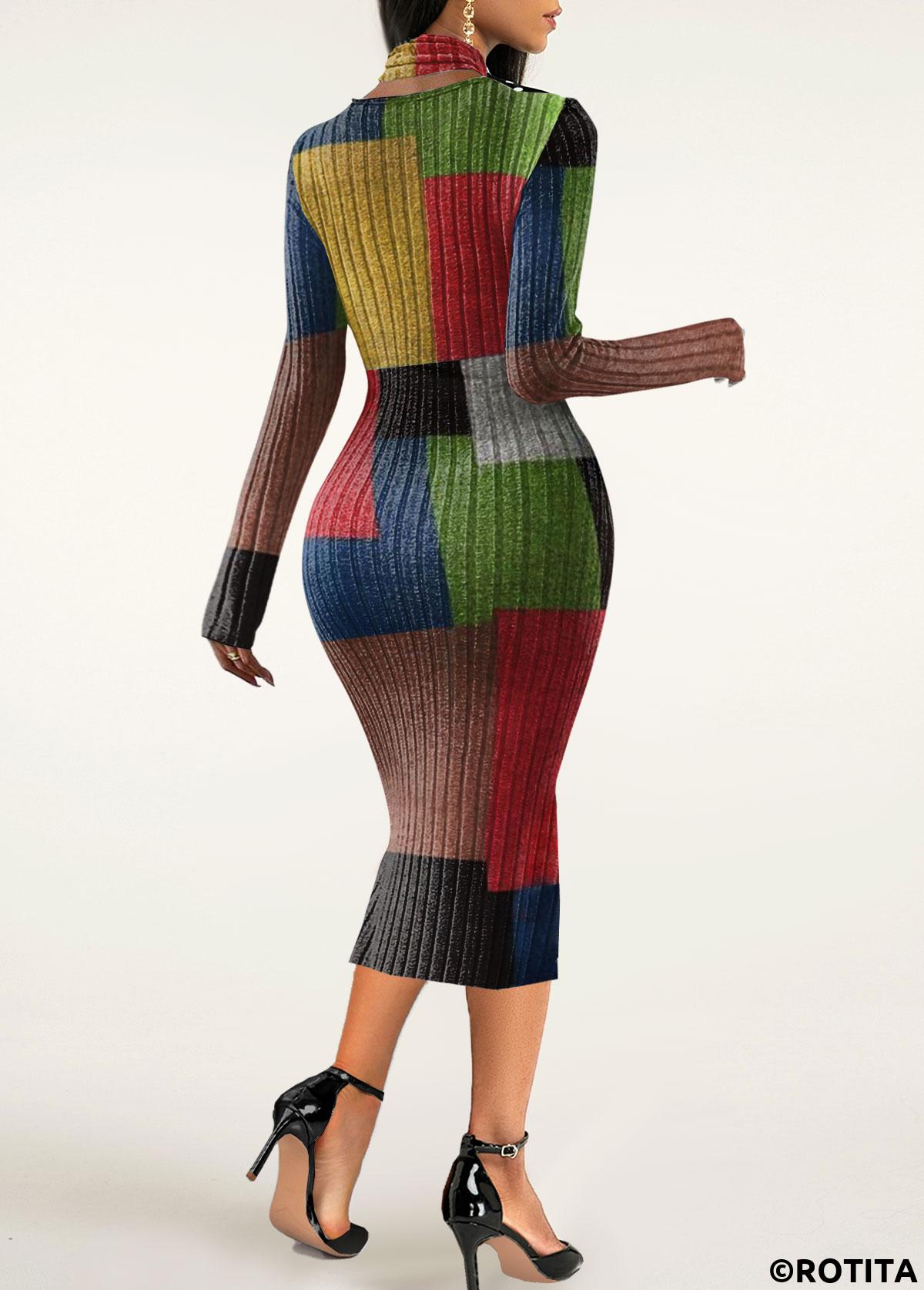 Rainbow Color plus size,Geometric plus size,Plaid plus size,ROTITA Plus Size Criss Cross Rainbow Color Geometric Print Dress