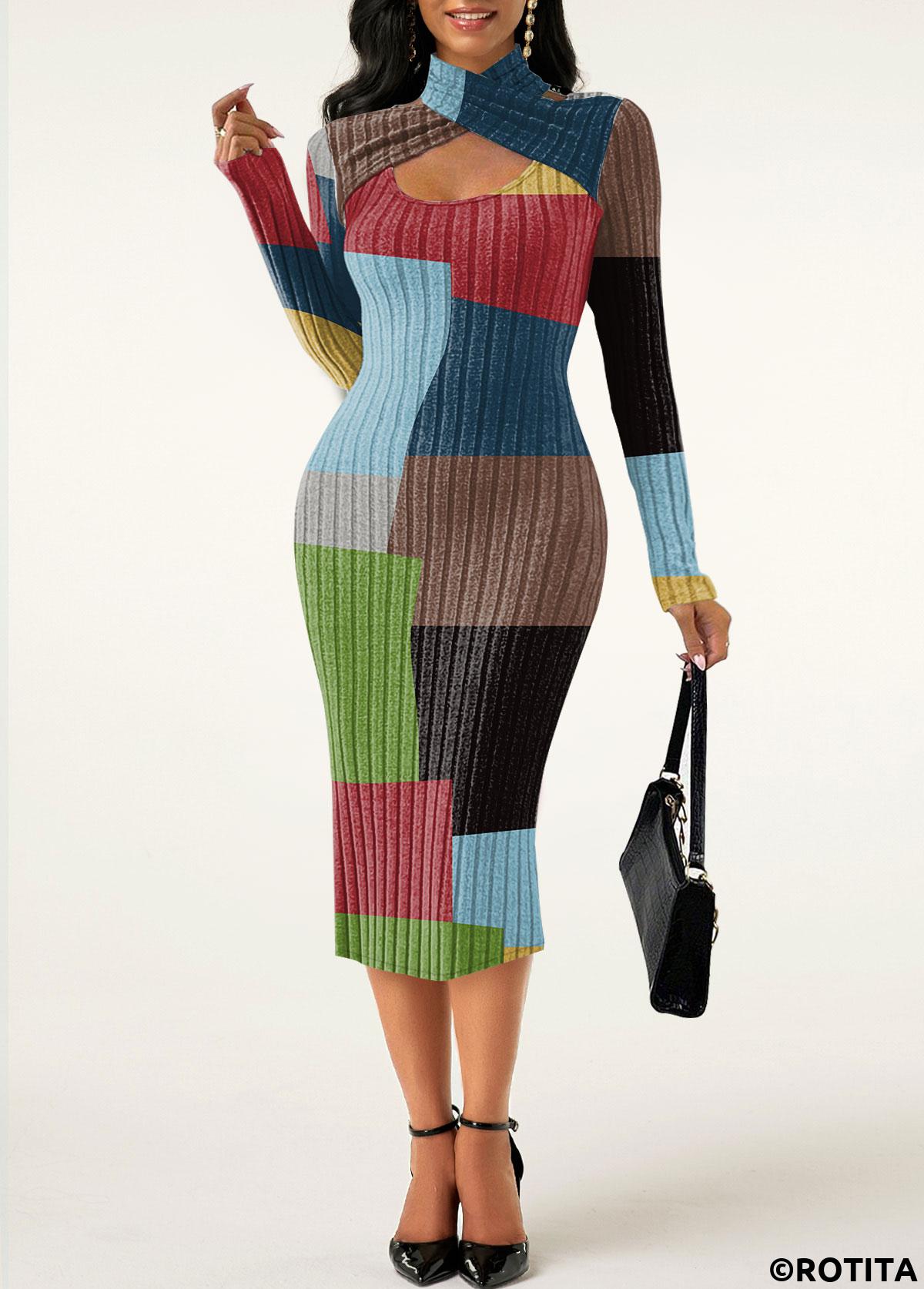 Rainbow Color plus size,Geometric plus size,Plaid plus size,ROTITA Plus Size Criss Cross Rainbow Color Geometric Print Dress