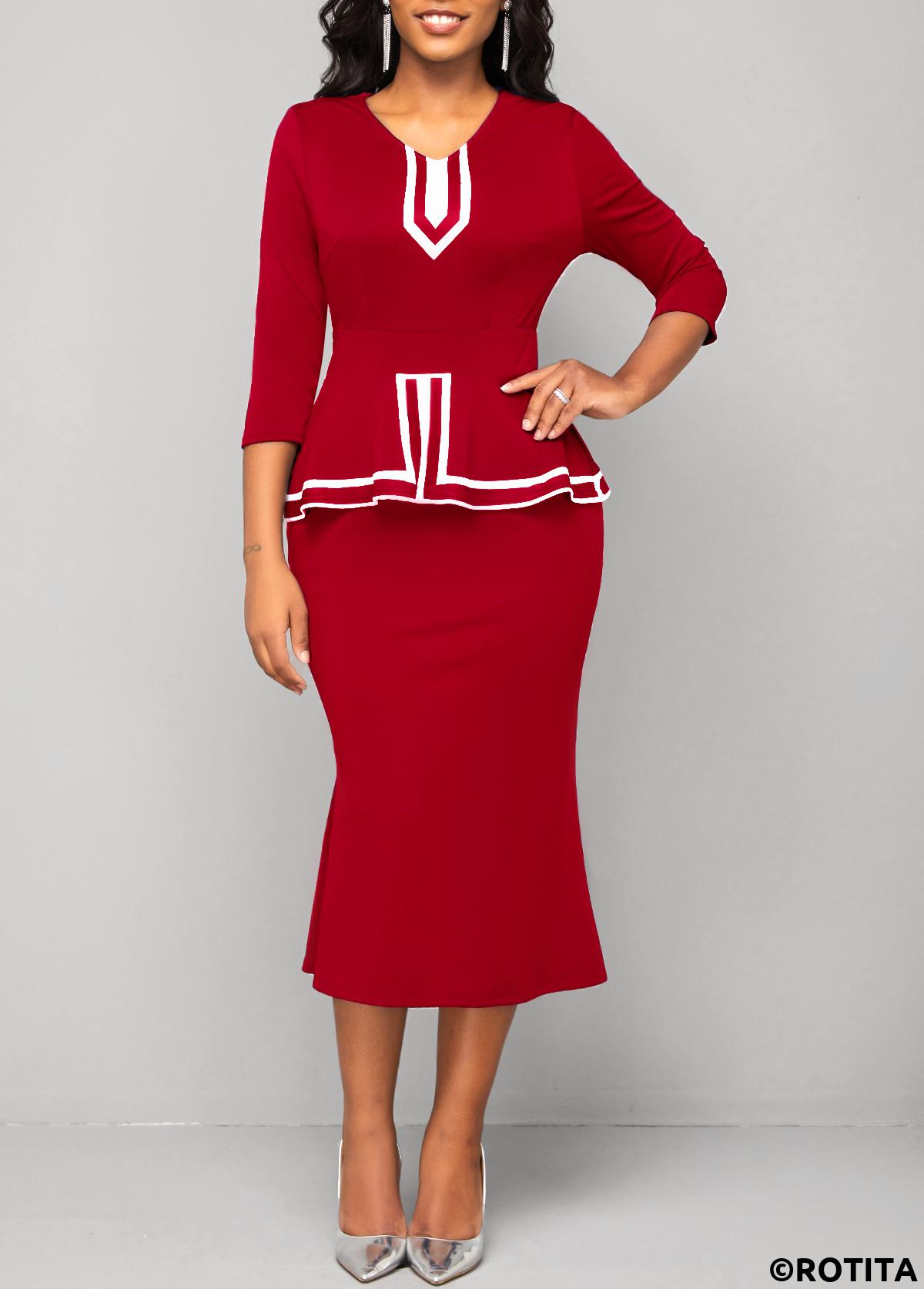 Red dresses,Striped dresses,Wear to Work dresses,Work dresses,ROTITA Red Striped V Neck Bodycon Dress