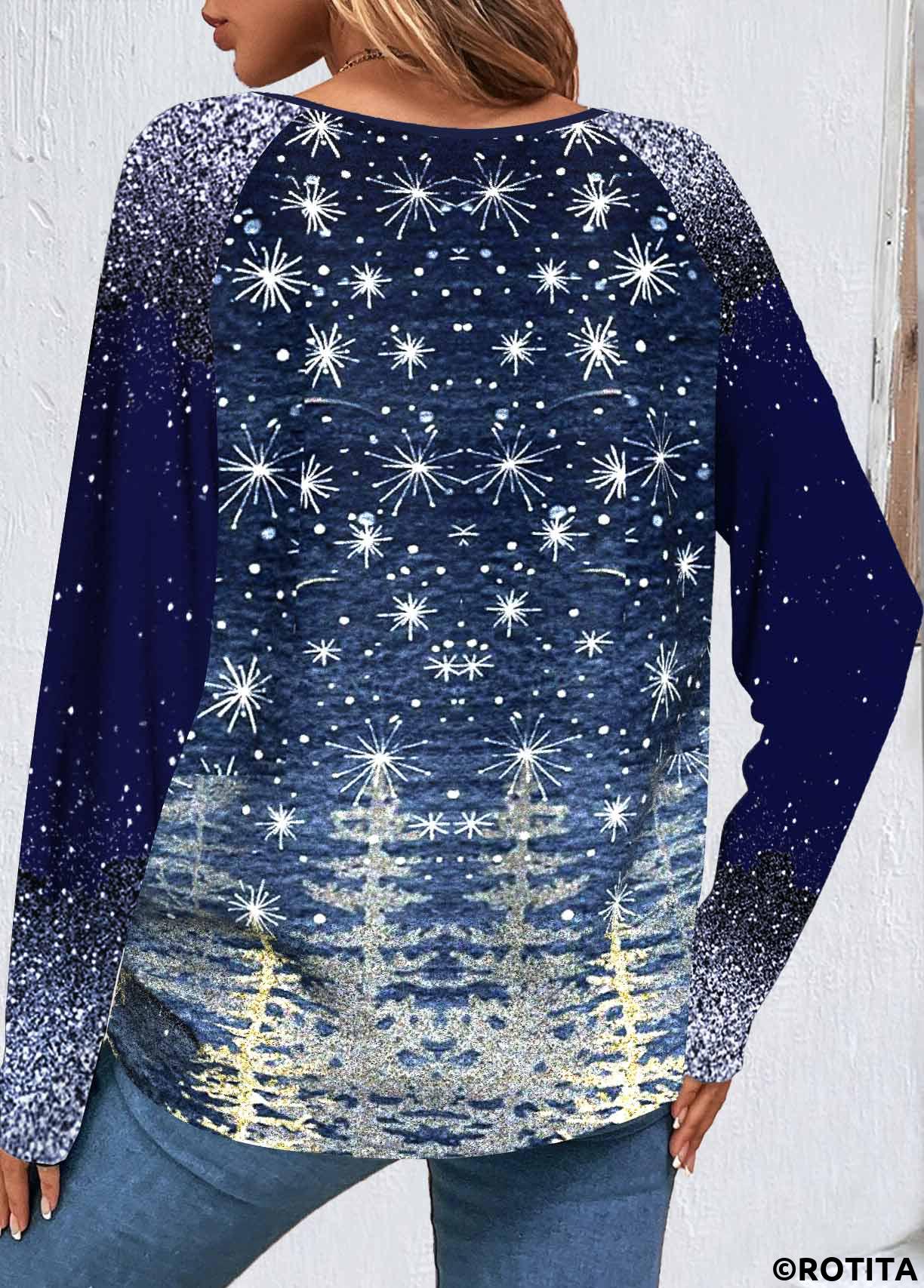 Navy tops,Christmas tops,Letter tops,Galaxy tops,Plants tops,ROTITA Patchwork Christmas Print Navy Round Neck Long Sleeve Sweatshirt