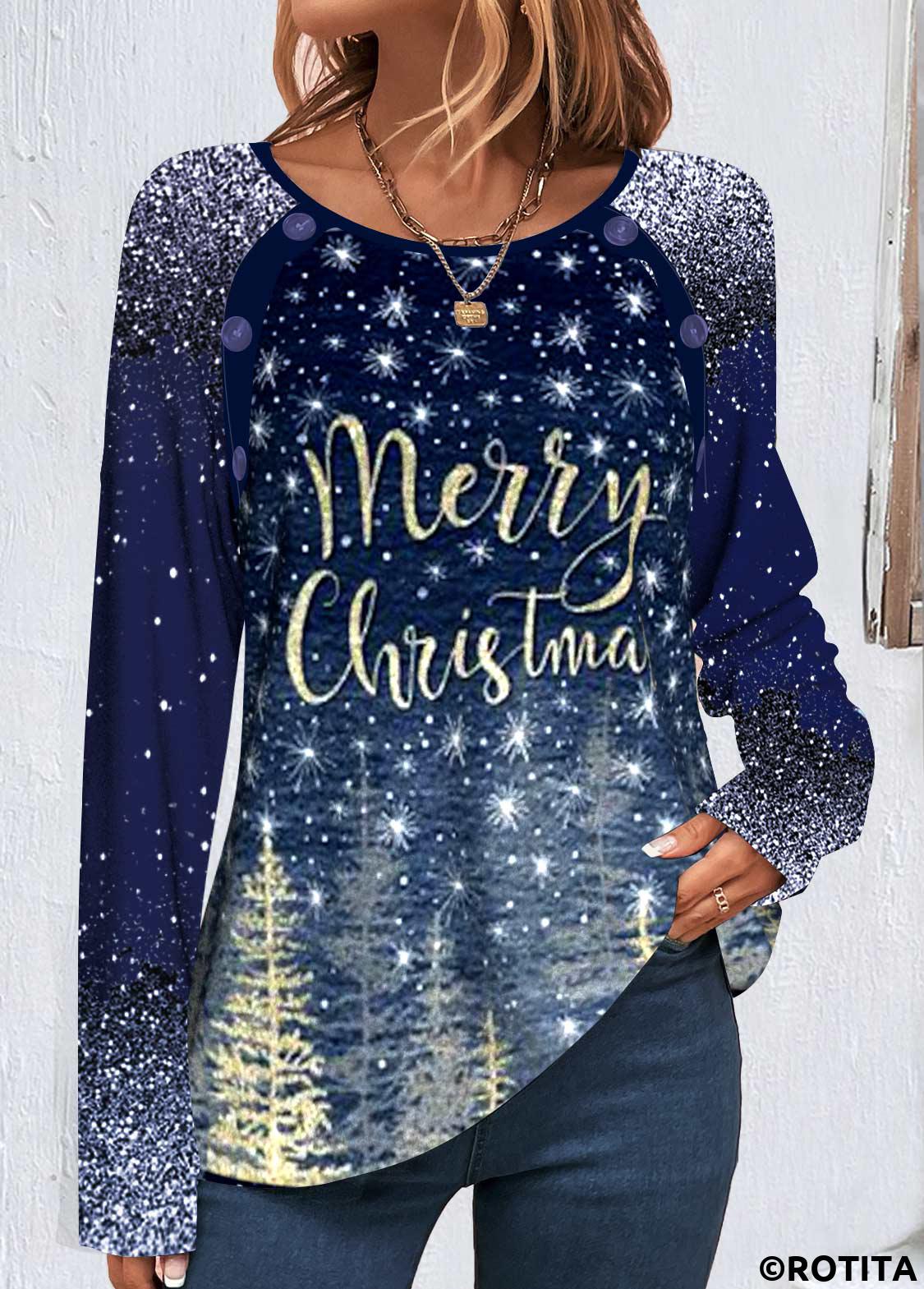 Navy tops,Christmas tops,Letter tops,Galaxy tops,Plants tops,ROTITA Patchwork Christmas Print Navy Round Neck Long Sleeve Sweatshirt