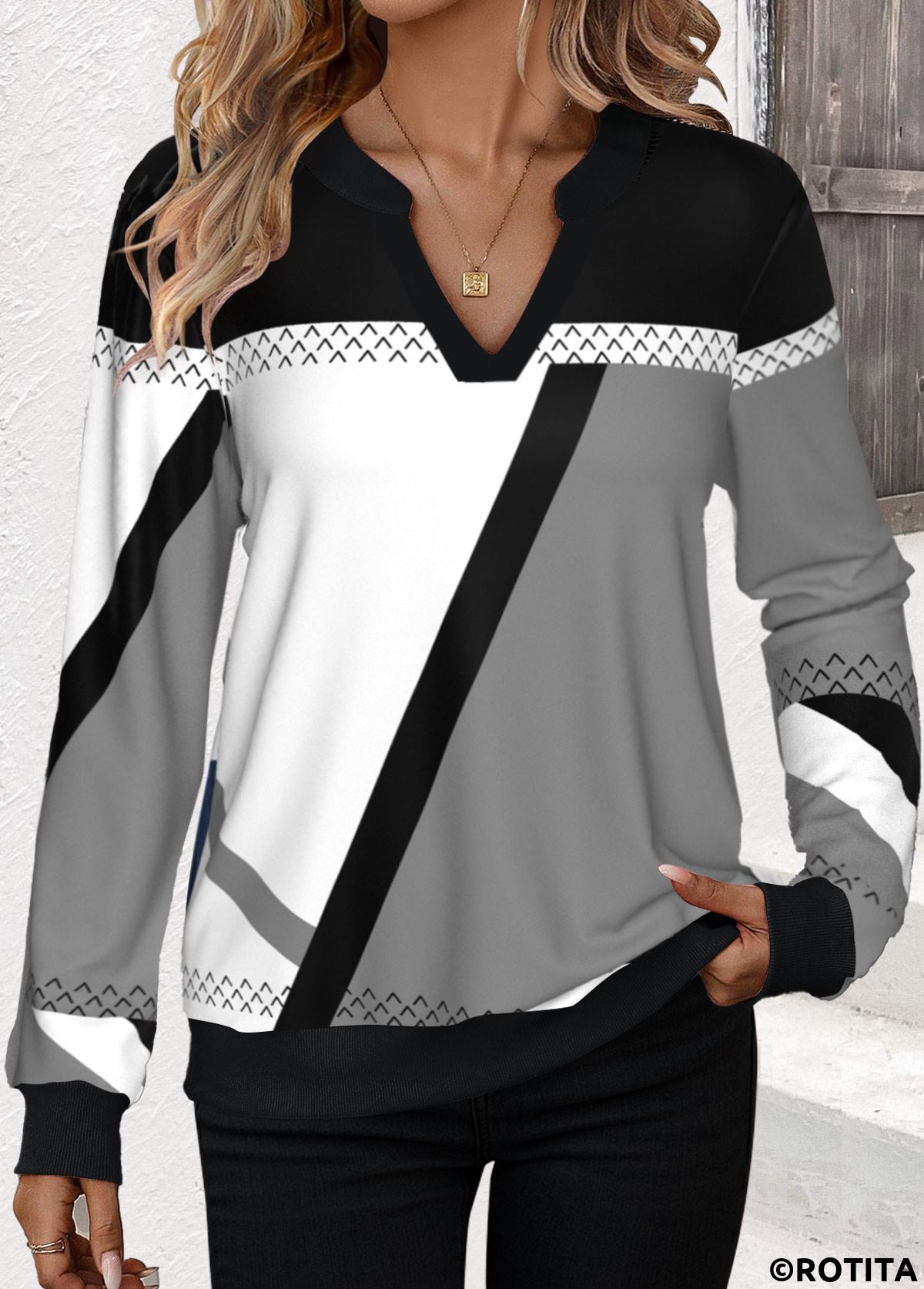 ROTITA Patchwork Geometric Print Black Split Neck Sweatshirt