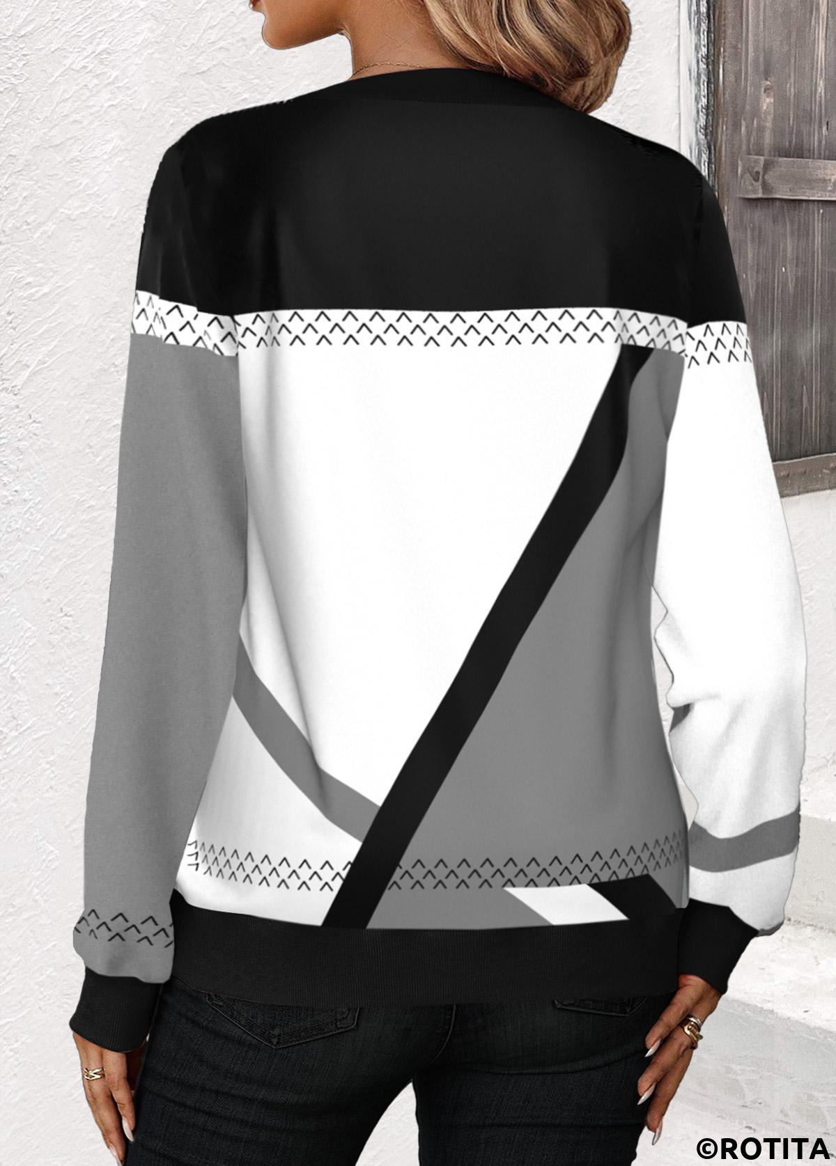 ROTITA Patchwork Geometric Print Black Split Neck Sweatshirt