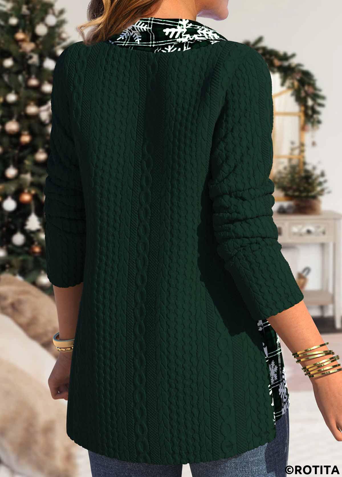 Blackish Green tops,White tops,Christmas tops,Plaid tops,Striped tops,Geometric tops,ROTITA Button Christmas Snowflake Print Blackish Green Cowl Neck Sweatshirt