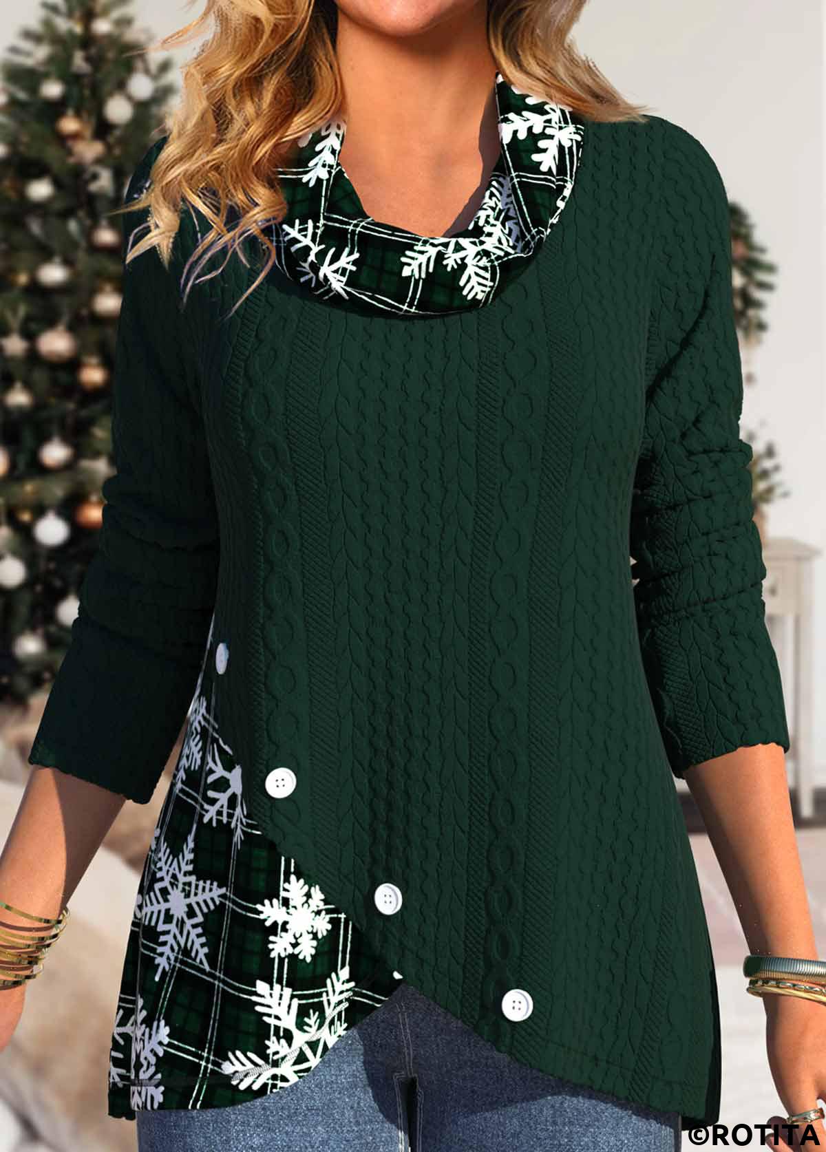 Blackish Green tops,White tops,Christmas tops,Plaid tops,Striped tops,Geometric tops,ROTITA Button Christmas Snowflake Print Blackish Green Cowl Neck Sweatshirt