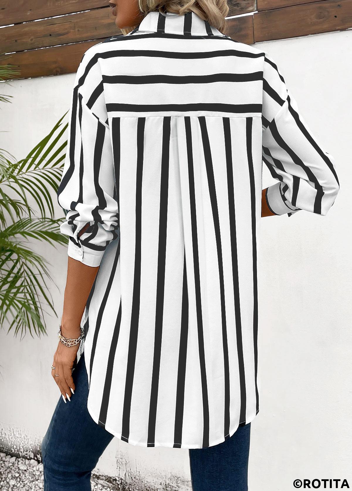 Black tops,Striped tops,Geometric tops,ROTITA Pocket Striped Black Shirt Collar Long Sleeve Blouse