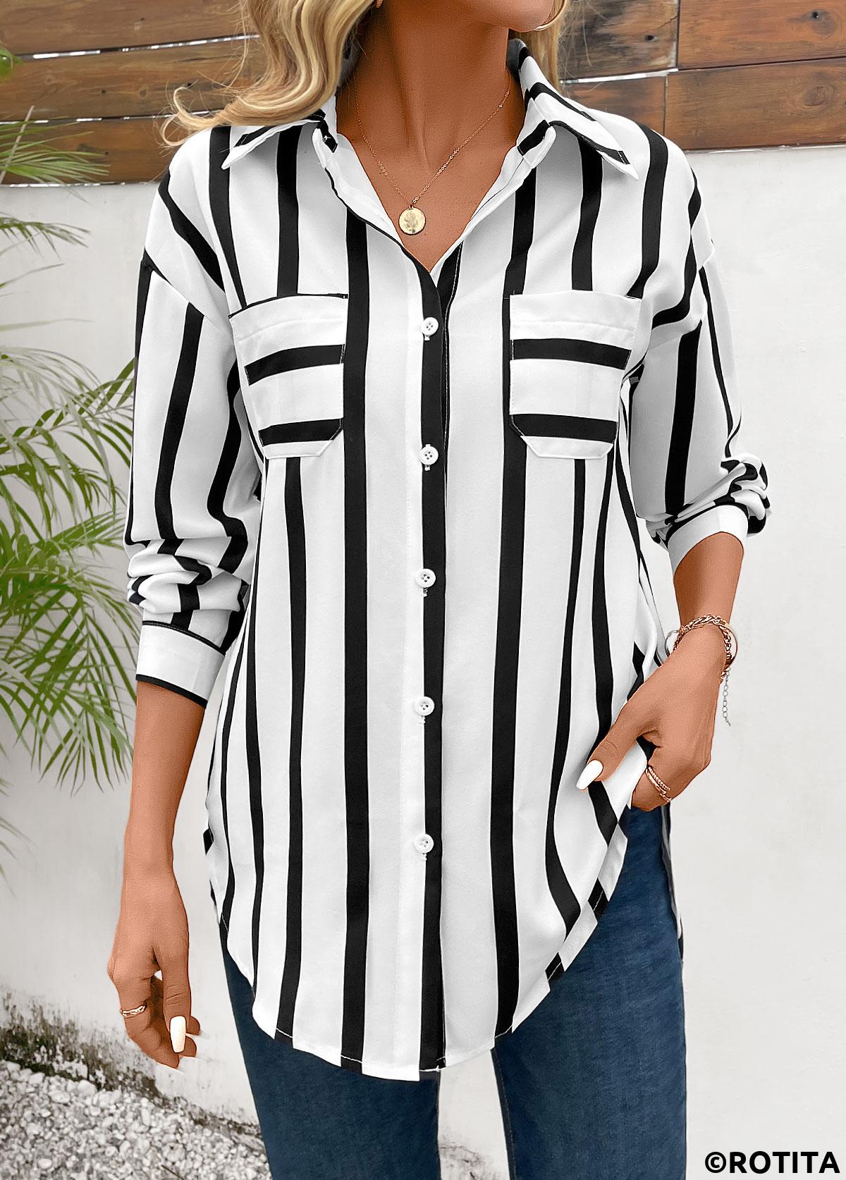 Black tops,Striped tops,Geometric tops,ROTITA Pocket Striped Black Shirt Collar Long Sleeve Blouse