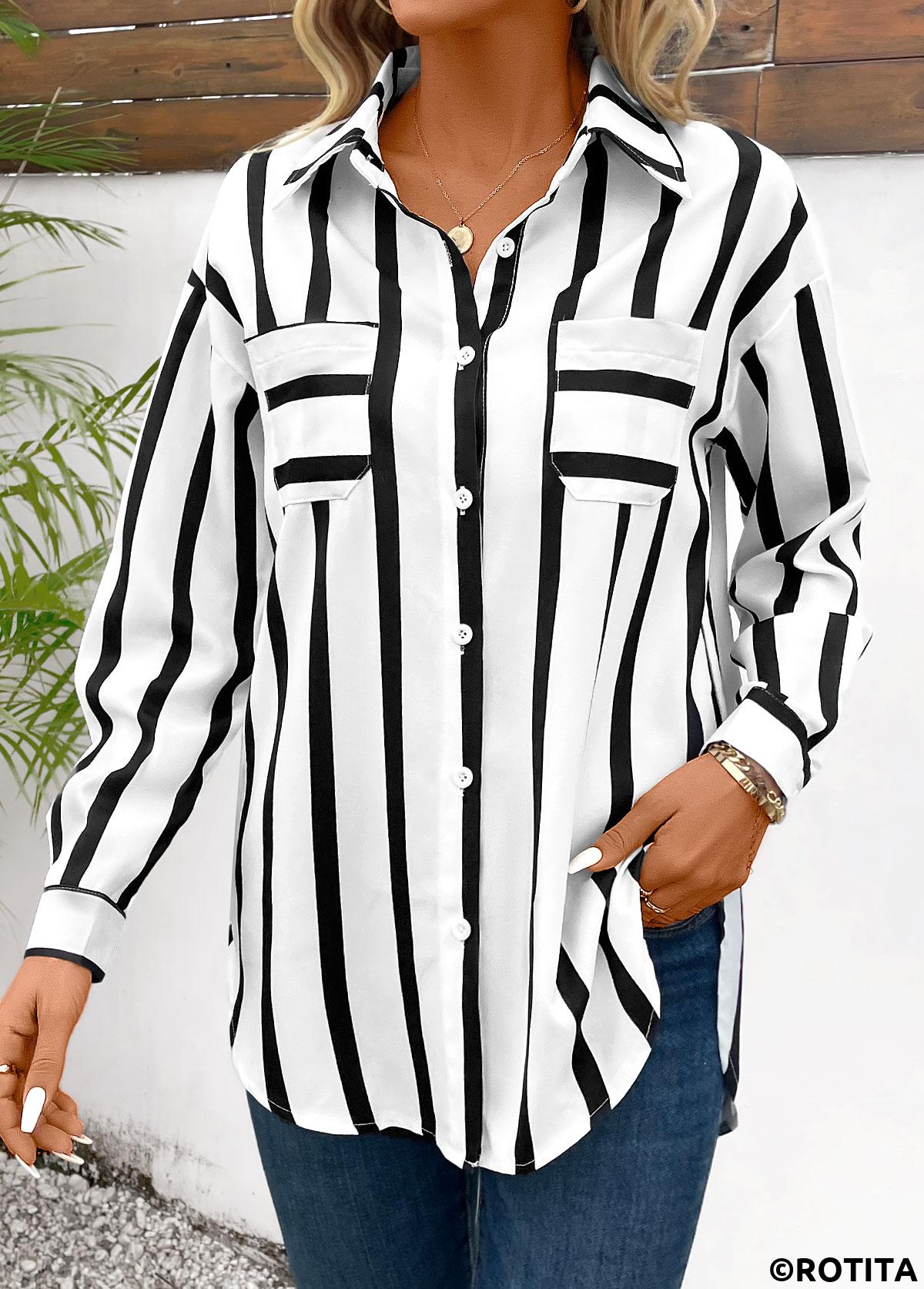 Black tops,Striped tops,Geometric tops,ROTITA Pocket Striped Black Shirt Collar Long Sleeve Blouse