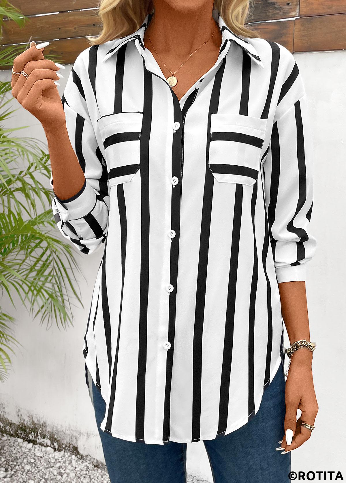 Black tops,Striped tops,Geometric tops,ROTITA Pocket Striped Black Shirt Collar Long Sleeve Blouse