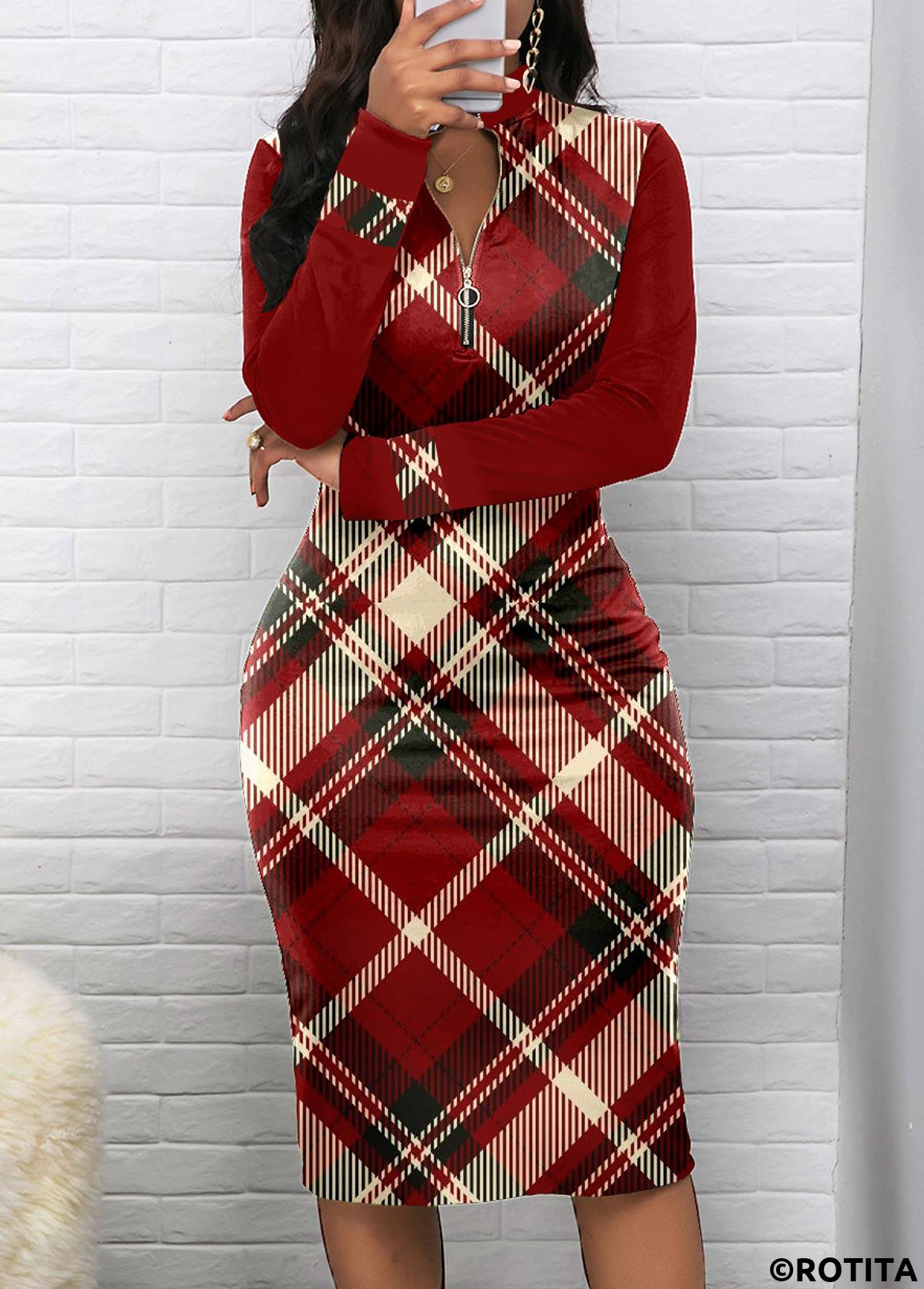 Wine Red dresses,Raw white dresses,Plaid dresses,Striped dresses,Geometric dresses,Party dresses,Elegant dresses,ROTITA Zipper Plaid Wine Red Stand Collar Bodycon Dress