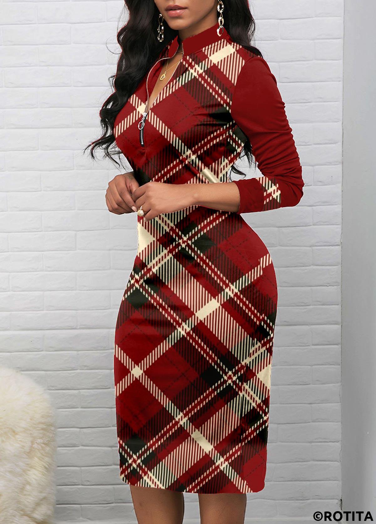 Wine Red dresses,Raw white dresses,Plaid dresses,Striped dresses,Geometric dresses,Party dresses,Elegant dresses,ROTITA Zipper Plaid Wine Red Stand Collar Bodycon Dress