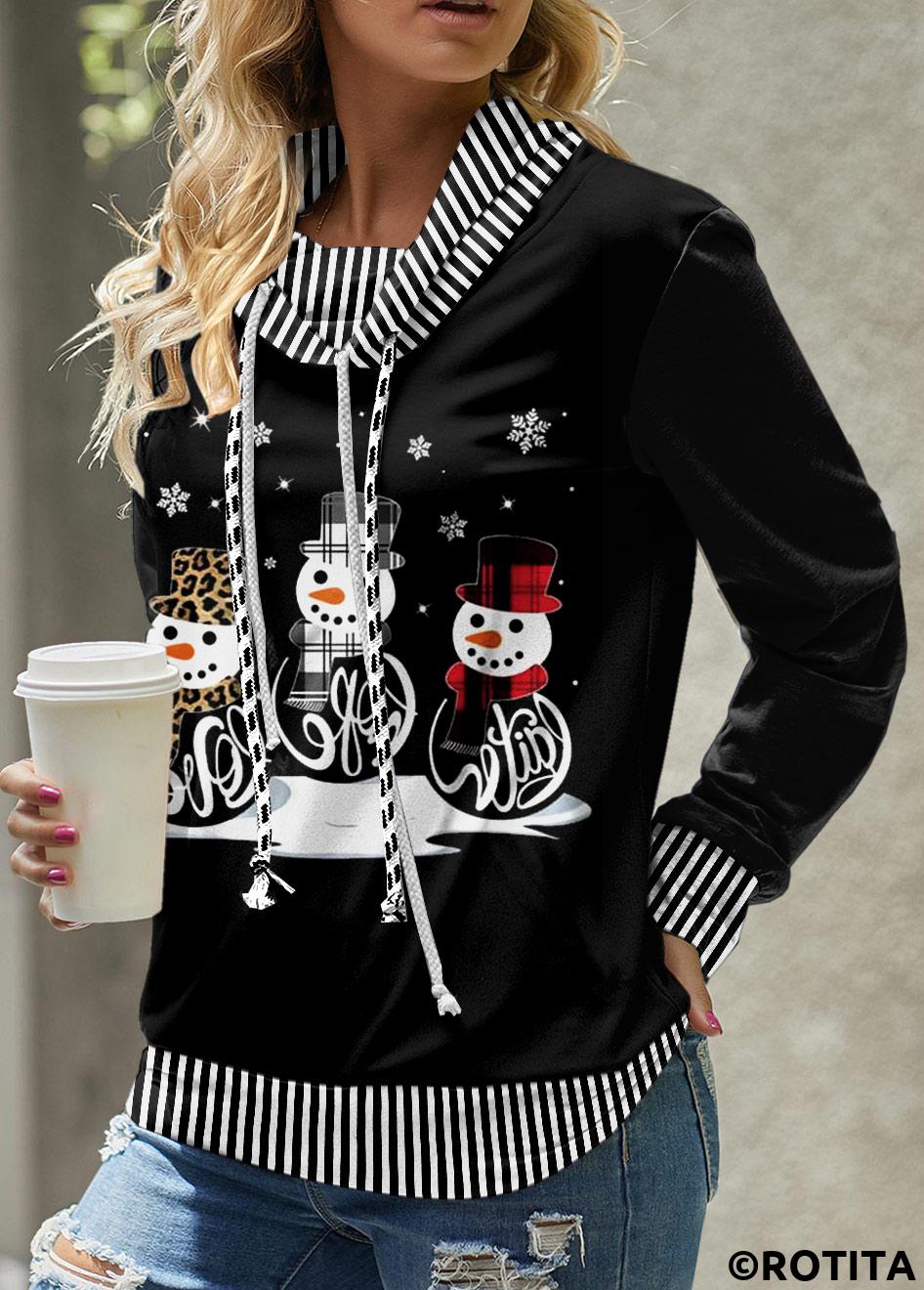 Black tops,White tops,Christmas tops,Striped tops,Geometric tops,ROTITA Patchwork Snowman Print Black Cowl Neck Christmas Sweatshirt